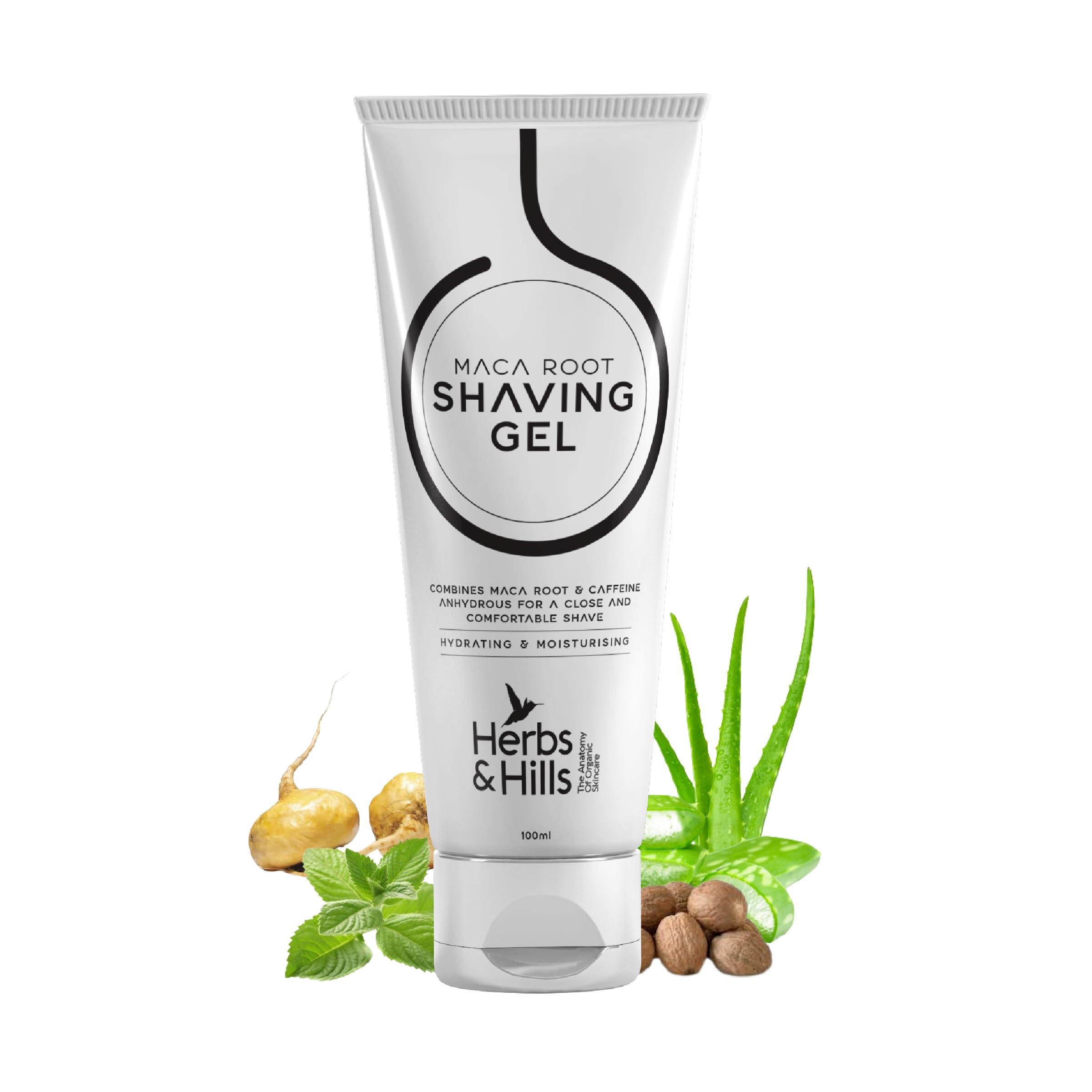 HERBS & HILLS Herbs & Hills Shaving Gel for Mens - 100ml Combines MACA Root & Caffeine Anhydrous for a Close and Comfortable Shave, Protect Skin from Redness, Irritation & Razor Burn Better than Foam