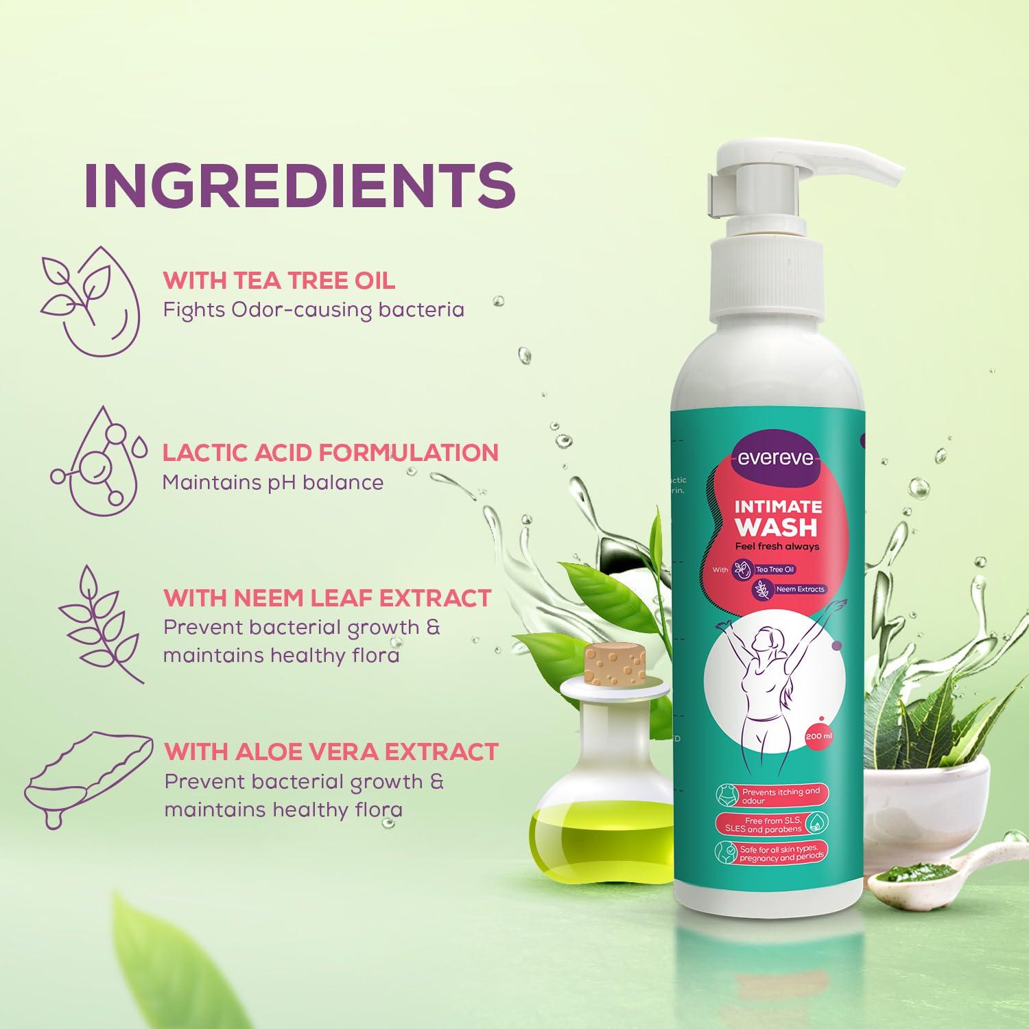 Evereve Evereve Intimate Wash for Women, 200ml, 3 in 1, No Odour, No Itching, No Irritation, with Tea Tree Oil & Neem Extract, Maintains pH balance, Dermatologically Tested, safe during Pregnancy & Periods