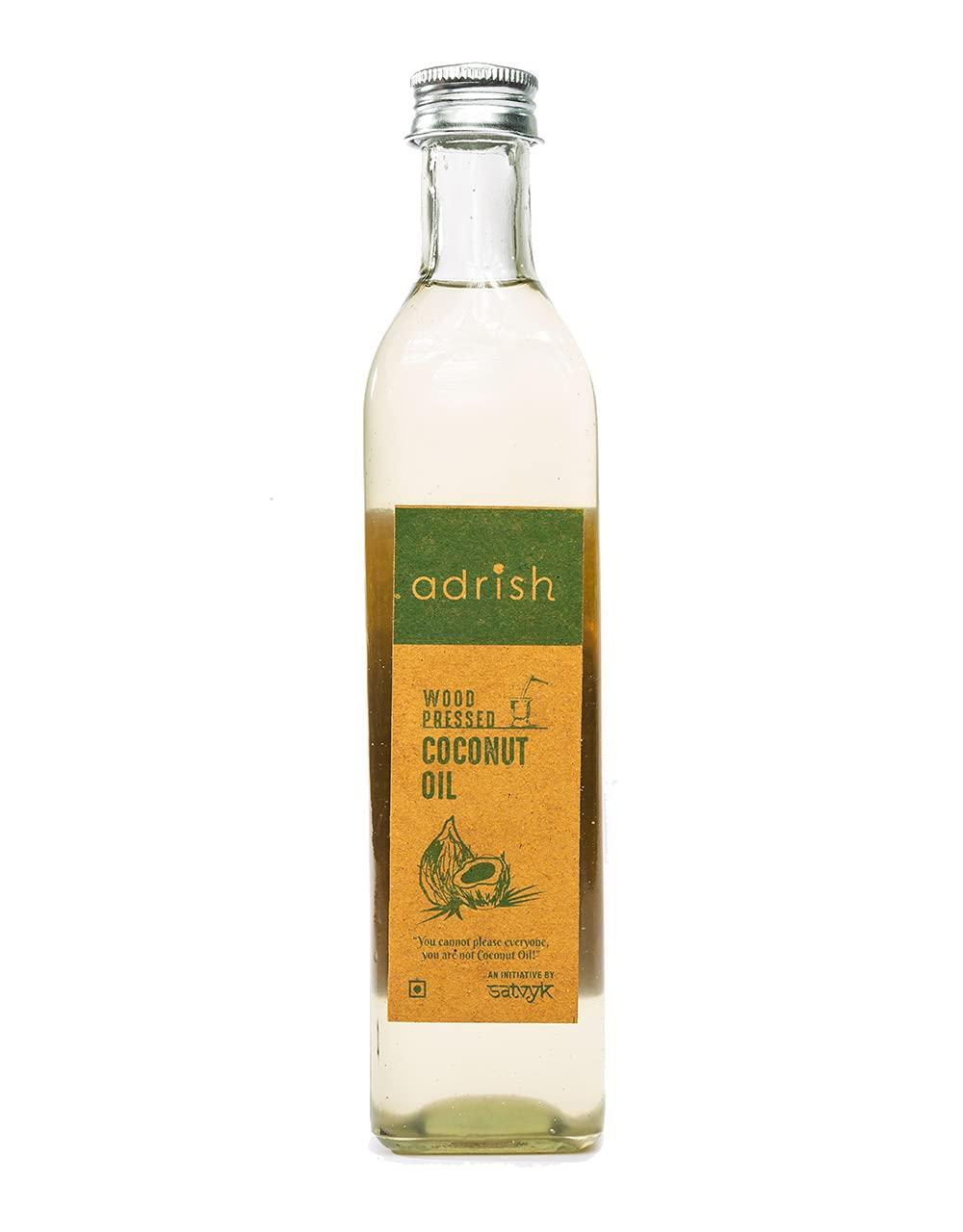 ADRISH Adrish Zerowaste Organic Wood Pressed Coconut Oil (500ml) - Organic | Unrefined | Cold Pressed Coconut Oil for Cooking | Kolhu/Kacchi Ghani Coconut Oil | Glass Bottle
