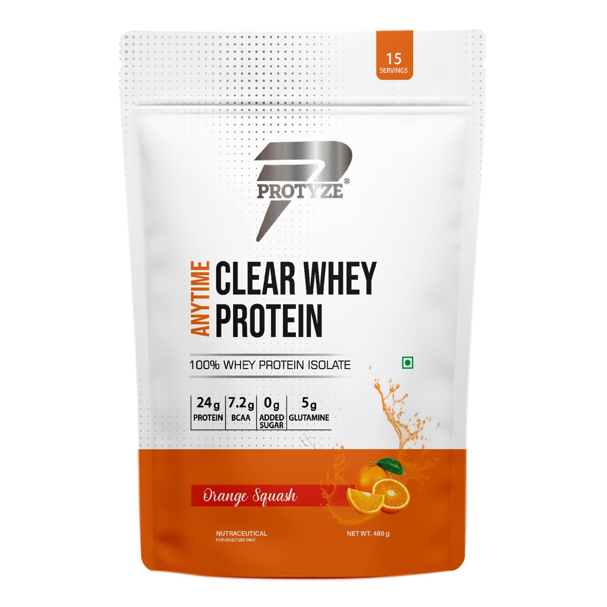 Protyze Protyze Anytime Clear Whey Protein | 24 g Protein/Scoop | 7.2 g BCAA | Gluten-Free | Low Carb | Light and Refreshing | Muscle Growth & Recovery (Orange Squash, 15 Servings)