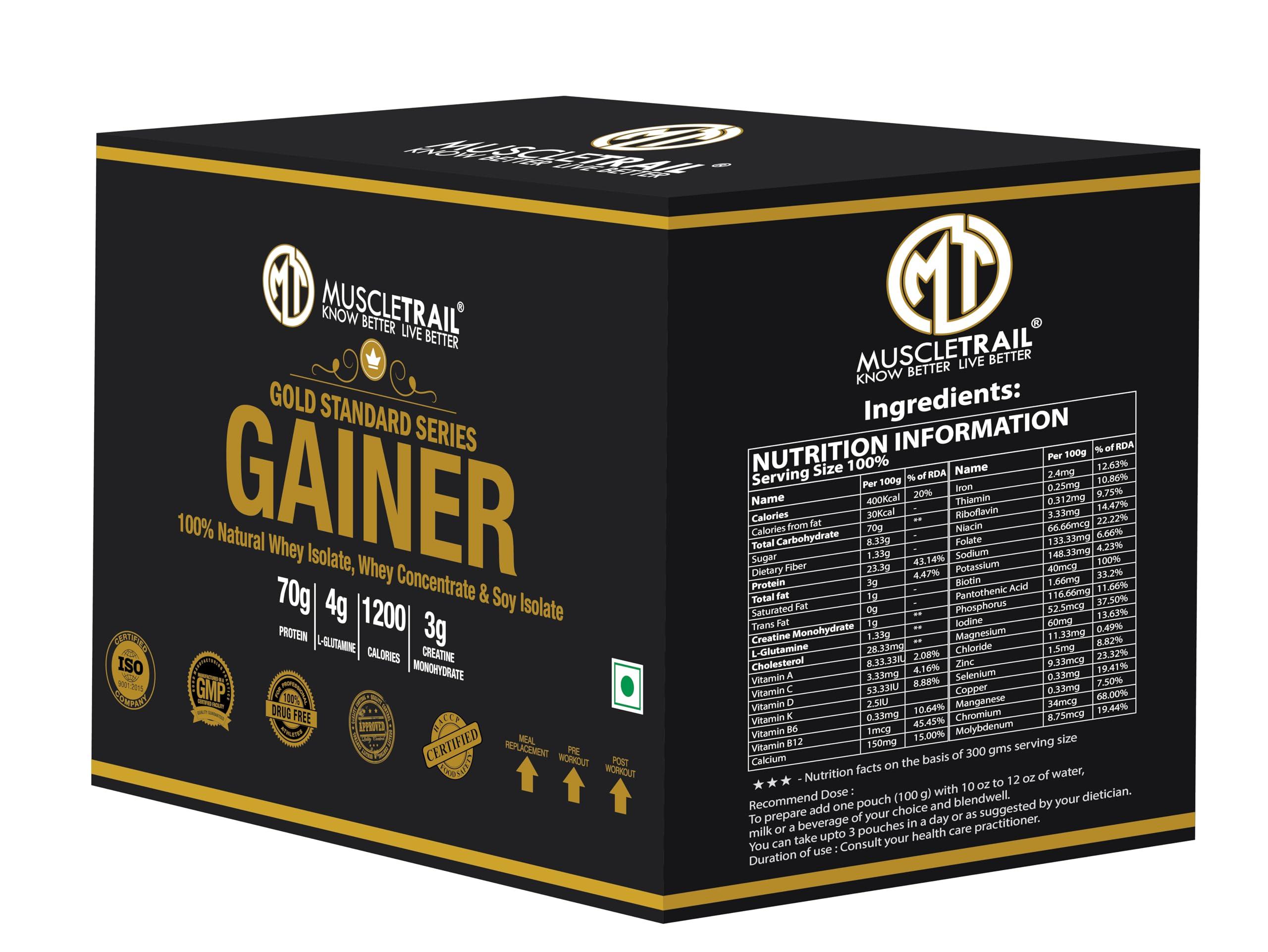 MUSCLETRAIL Muscle Trail Gold Standard Gainer Box Powder |30 pouches, 70g Protein | Composite Carbohydrates for Super Gain | 4g L-Glutamine, 1200 Calories, 3g Creatine Monohydrate (3kg, Banana)