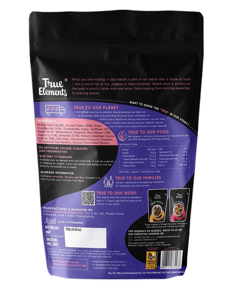 True Elements True Elements Dark Chocolate Granola 700g - High Fiber Granola | 100% Natural Dark Chocolate | Wholegrain Cereal for Breakfast