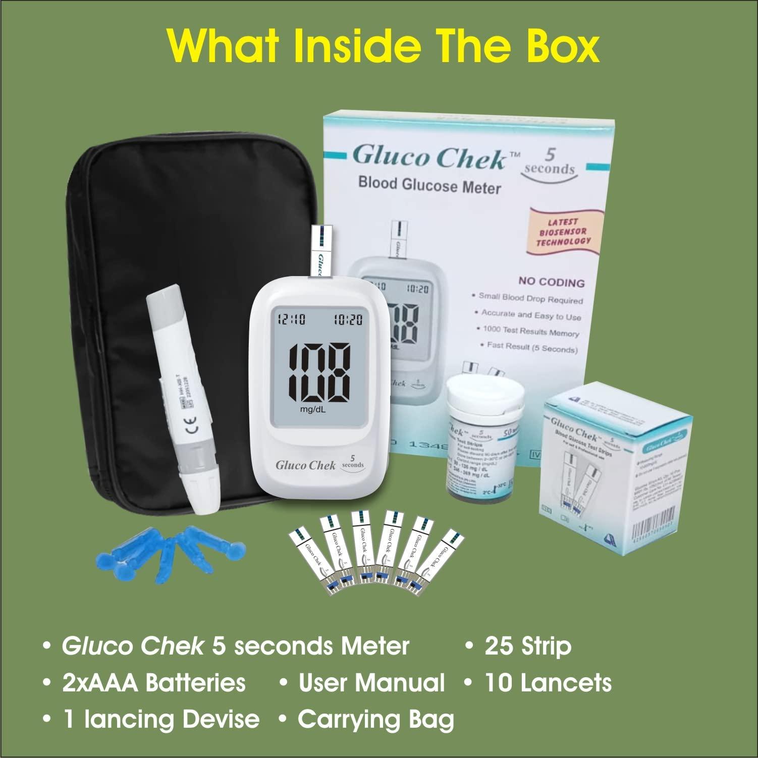 Aspen Aspen Gluco Chek 5 Seconds Glucometer Blood Glucose Sugar Testing Machine With Vial Of 25 Strips, 10 Lancets and A Lancing Device For Accurate Blood Sugar Testing at home