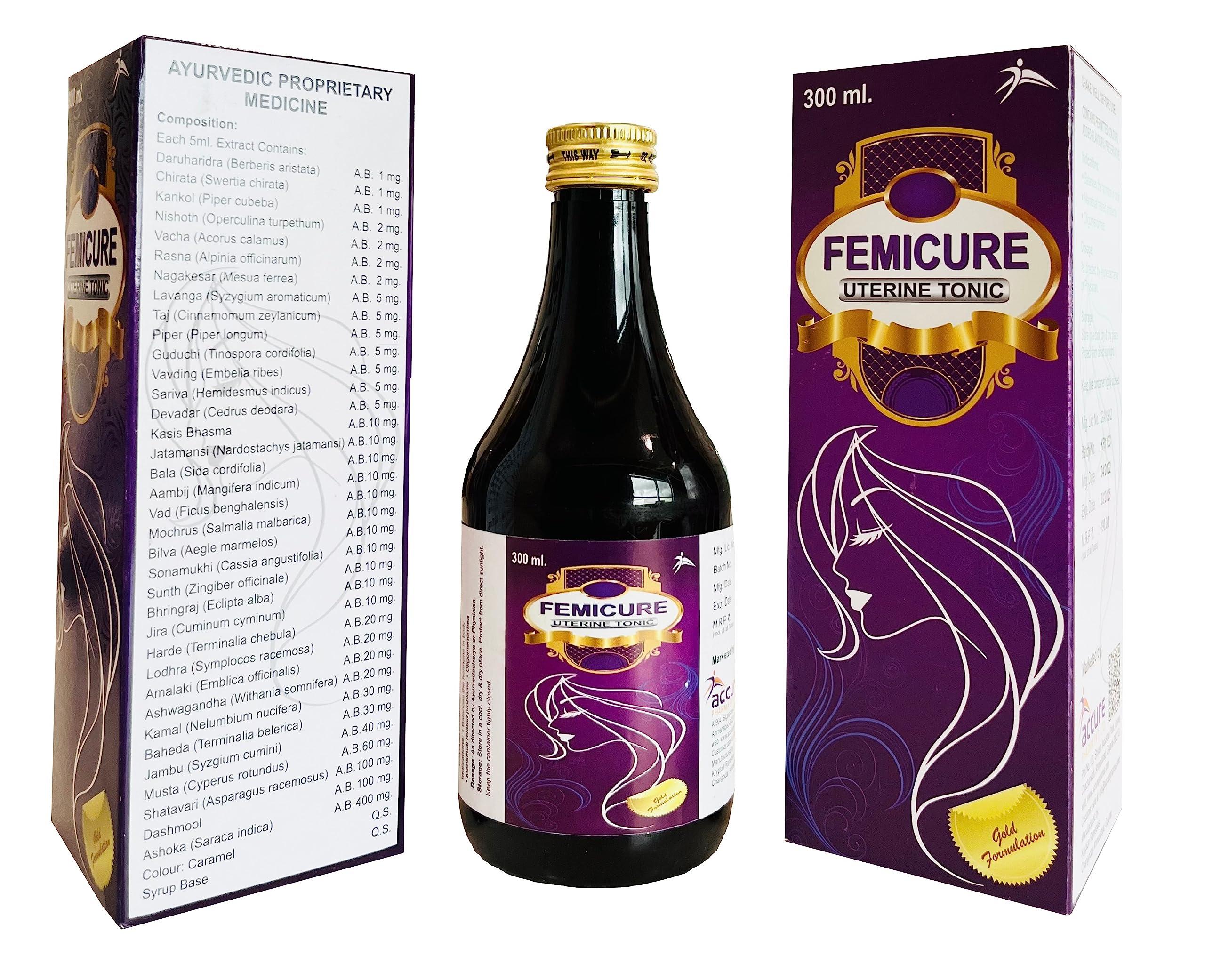 Accure Pharma Pvt Ltd Femicure | Ayurvedic Syrup for Women| General Wellness, Menstrual discomfort or delay, PCOD, PCOS, Hormonal Imbalance in women| 300 ml | Accure Pharma (BUY 2 AND GET 1 FOOT CREAM FREE WORTH Rs. 249)