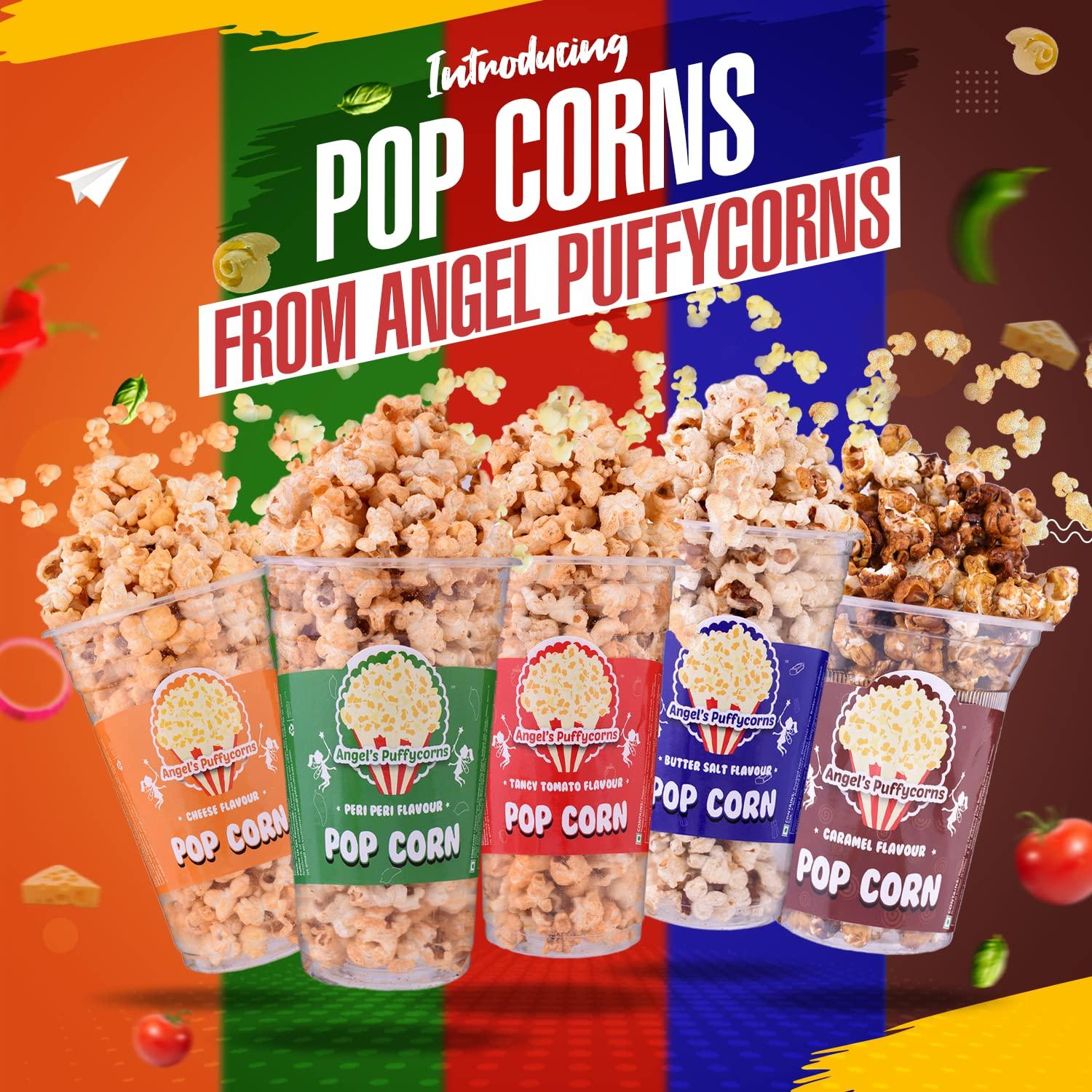 Angels Angels Puffycorns Flavoured Ready to Eat Popcorn - Mix Flavour - Pack of 6 Units (2 Cheese, 1 Tangy Tomato, 1 Butter Salted, 1 Peri Peri & 1 Caramel)