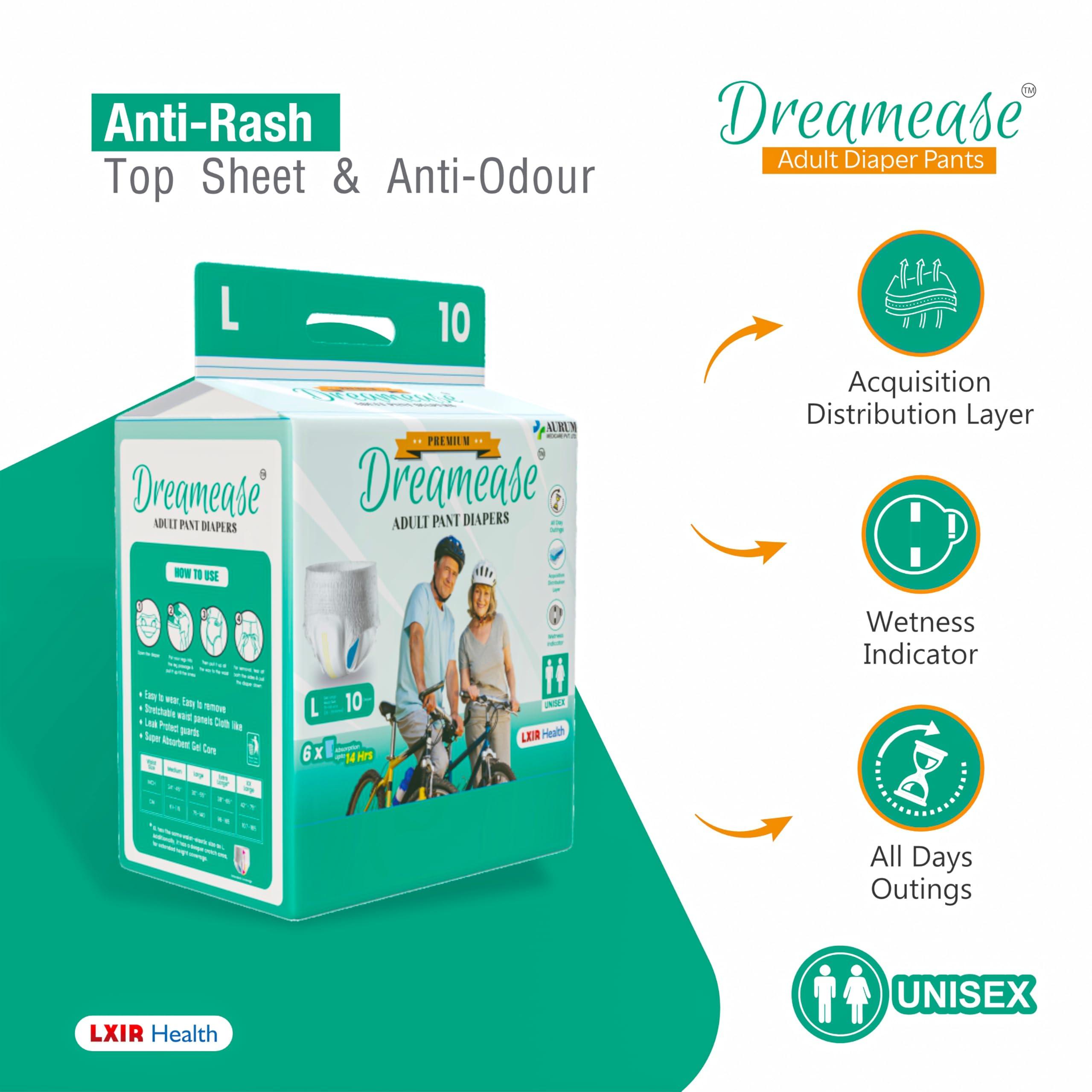 Dreamease Dreamease Adult Diapers Pants Style | Medium Size (M) Waist (61-115 Cm | 24-45) | 6X Super Absorbency Upto 14 Hrs | Unisex with Wetness Indicator | 10 Units. (XL)