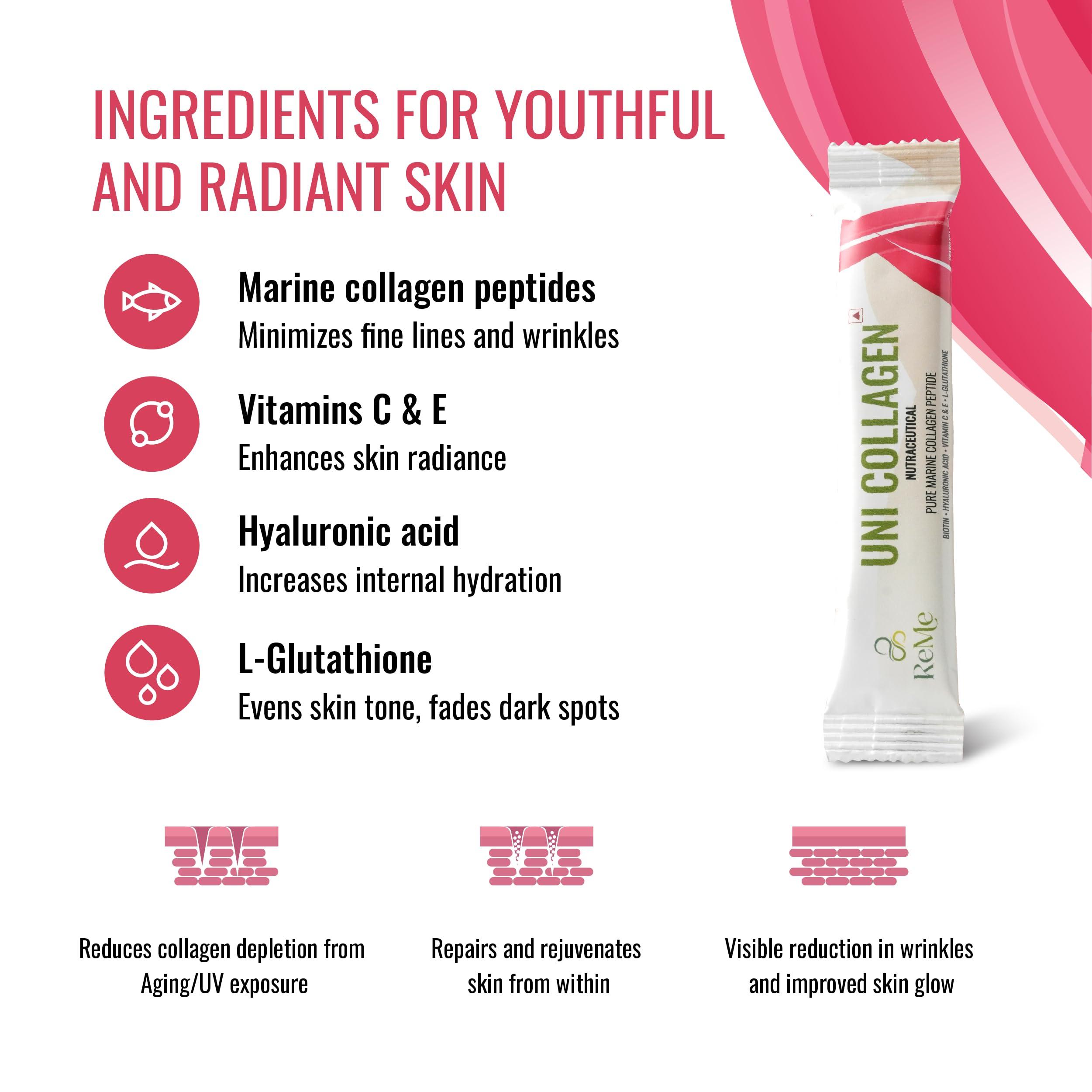 REME ReMe Uni Collagen - Pure Premium Marine Collagen Peptide With Antioxidants - Pack of 30 Stick Packs. Color:White.