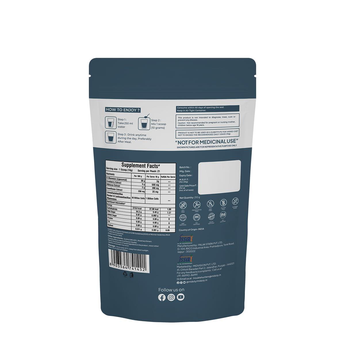 Miduty Miduty by Palak Notes UTI Relief, D-Mannose and Cranberry Supplement Helps in Urinary Tract Infection - Supports Urinary Health - Burning Urine Relief - Vegetarian Formula - 210 Grams