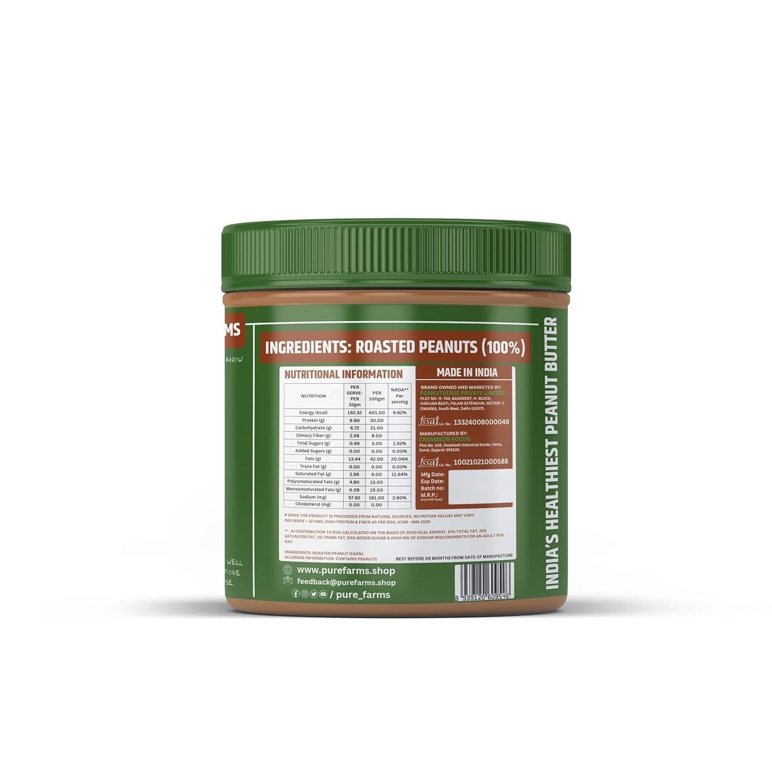 PURE FARMS PURE FARMS All-Natural, Single-Ingredient Peanut Butter, 325gm Pack | Keto-Friendly, Crunchy Peanut Butter 100% Natural with unadulterated Peanut flavor