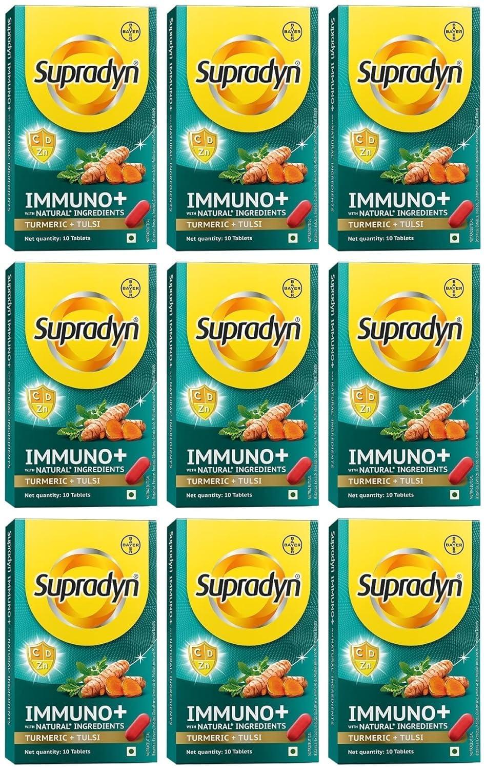 Supradyn Supradyn Immuno +, Multivitamin Vit C, Vit D, Zinc, Unique blend of Tulsi, Turmeric, Shatavari & Ashoka, Pack of 9 x 10 Tablets