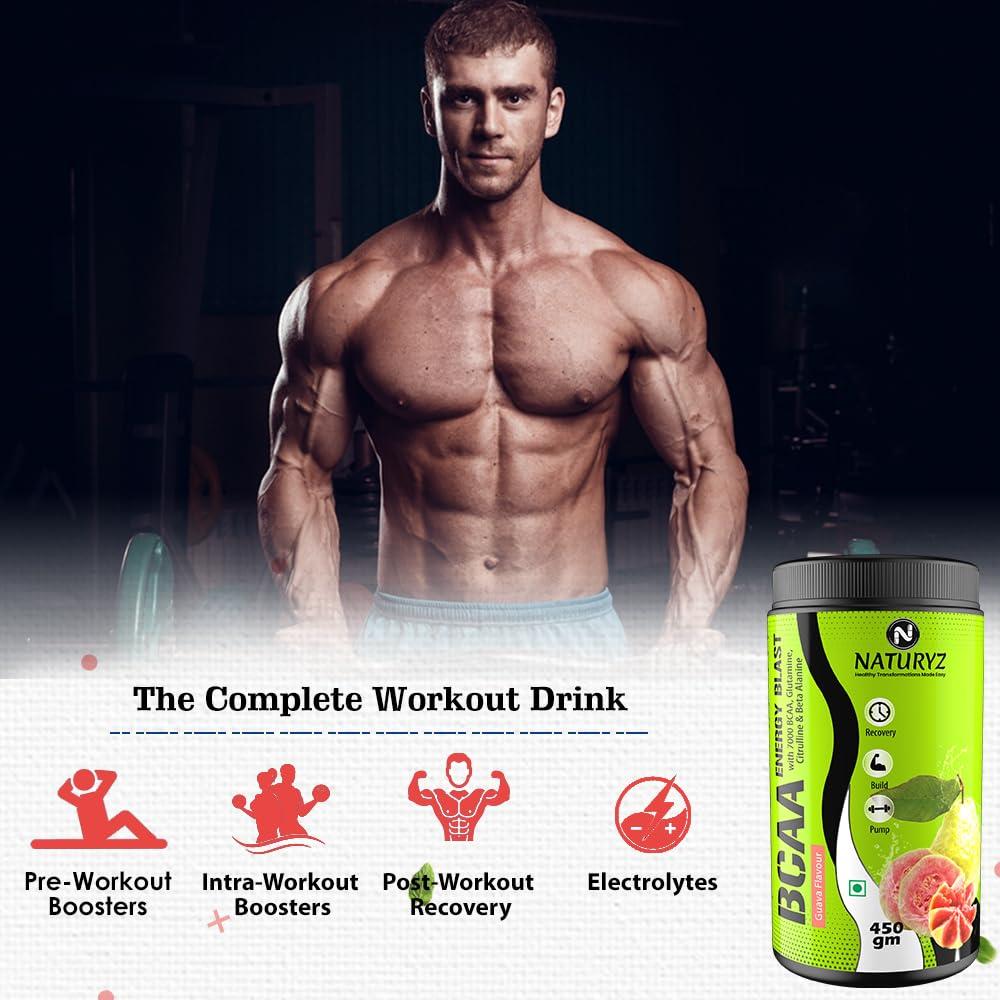 Naturyz NATURYZ BCAA Energy Blast Pre Intra Post Workout Supplement With 7000 BCAA | Glutamine | Citrulline | Beta-Alanine for Muscle Recovery | Power & Energy-450 Grams(Guava Flavor)