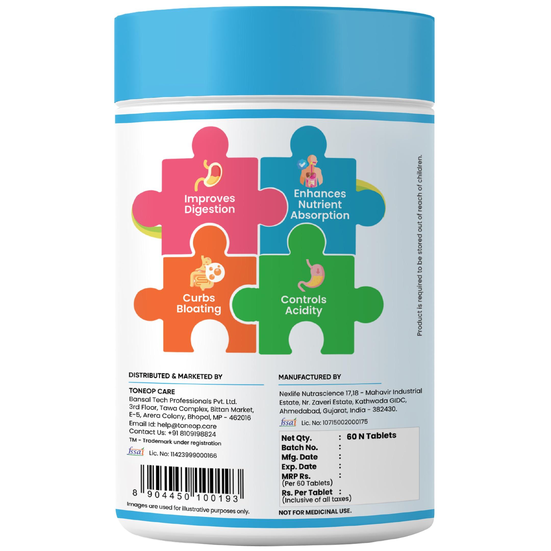 ToneOp Care ToneOp Care Digest 360 - Improves Digestion & Relief From Bloating | Helps in Reducing Acidity | With a Powerful Blend of 12 Enzymes | For Complete Digestive Care | 60 Tablets