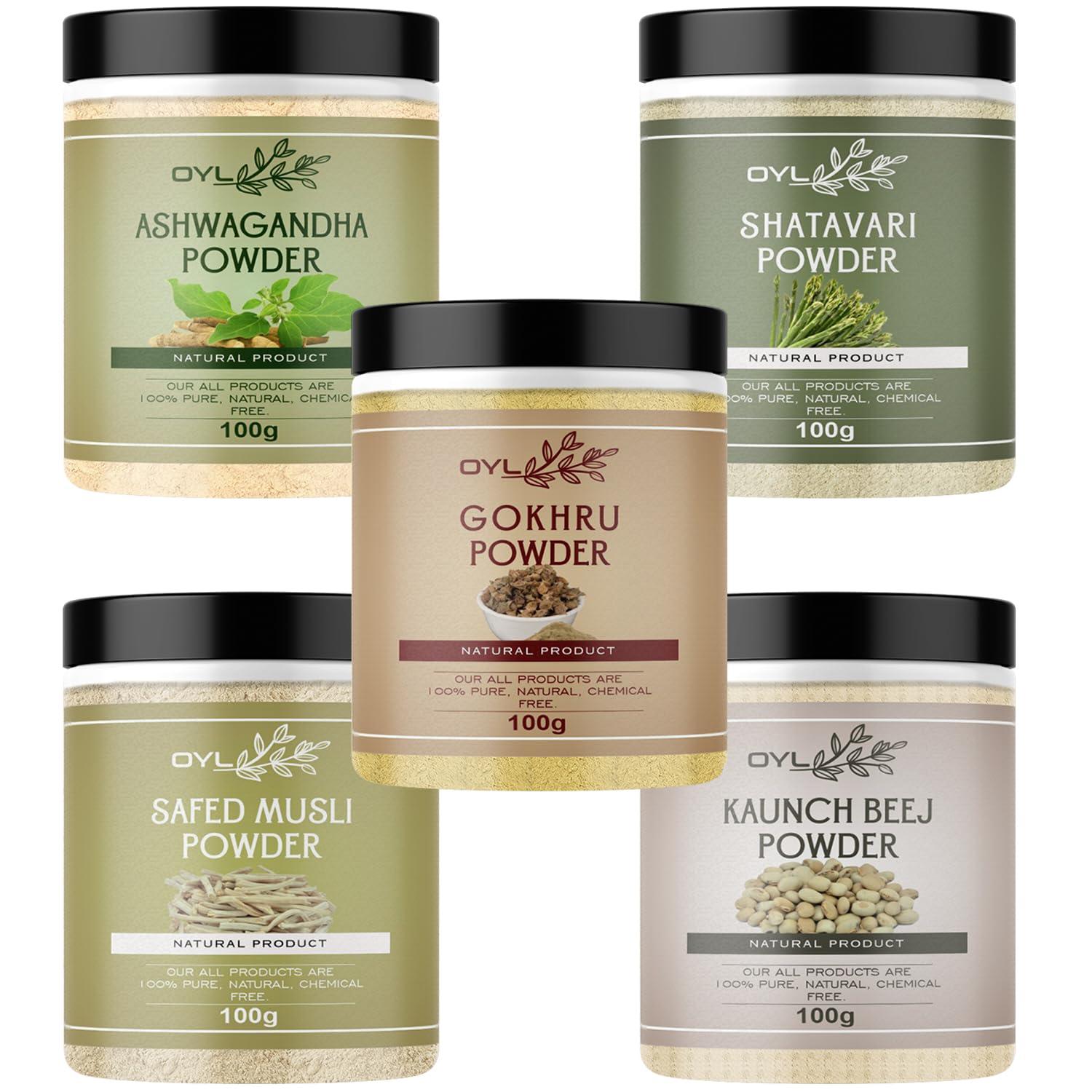 OYL OYL Natural Ashwagandha, Shatavari, Safed Musli, Kaunch Beej, Gokhru Powder Combo Packs - 500g (100g Each Pack Of 5)
