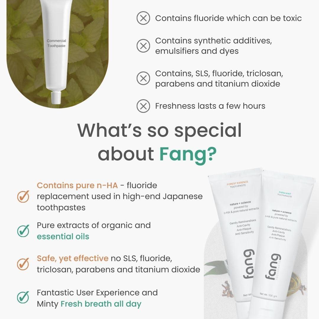 Fang Fang Farm Mint and Forest Essence Toothpaste Combo Pack |Fluoride Free Hydroxyapatite, Teeth Whitening, Heals Sensitive Teeth, Fights Cavities, Gum Diseases, Bad Breath, SLS & Chemical Free (100g X 4)