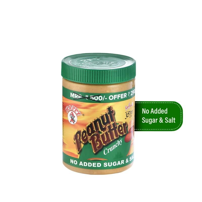 HAPPY HAPPY Peanut Butter - (No Sugar, No Salt) | Crunchy & Natural High protein peanut butter | 1kg - Made with 100% Organic Peanuts | Unsweetened, Gluten Free, Vegan, Zero Cholesterol peanut spreads