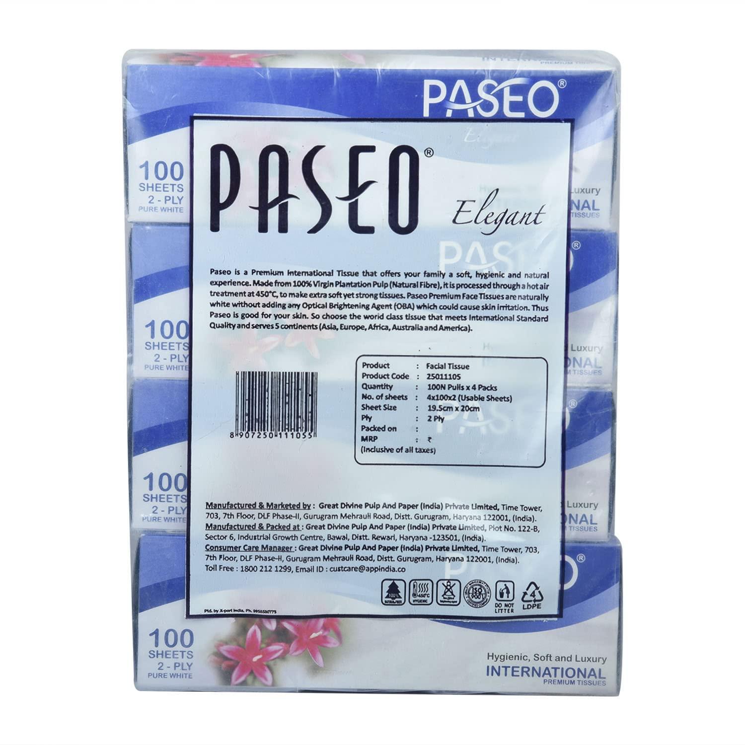 PASEO Paseo Elegant 2-Ply International Premium Facial Tissues, Hygienic, Soft and Luxury (19.5x20cm Each Sheet, 100 Sheets Each Box, White, 8 Boxes)