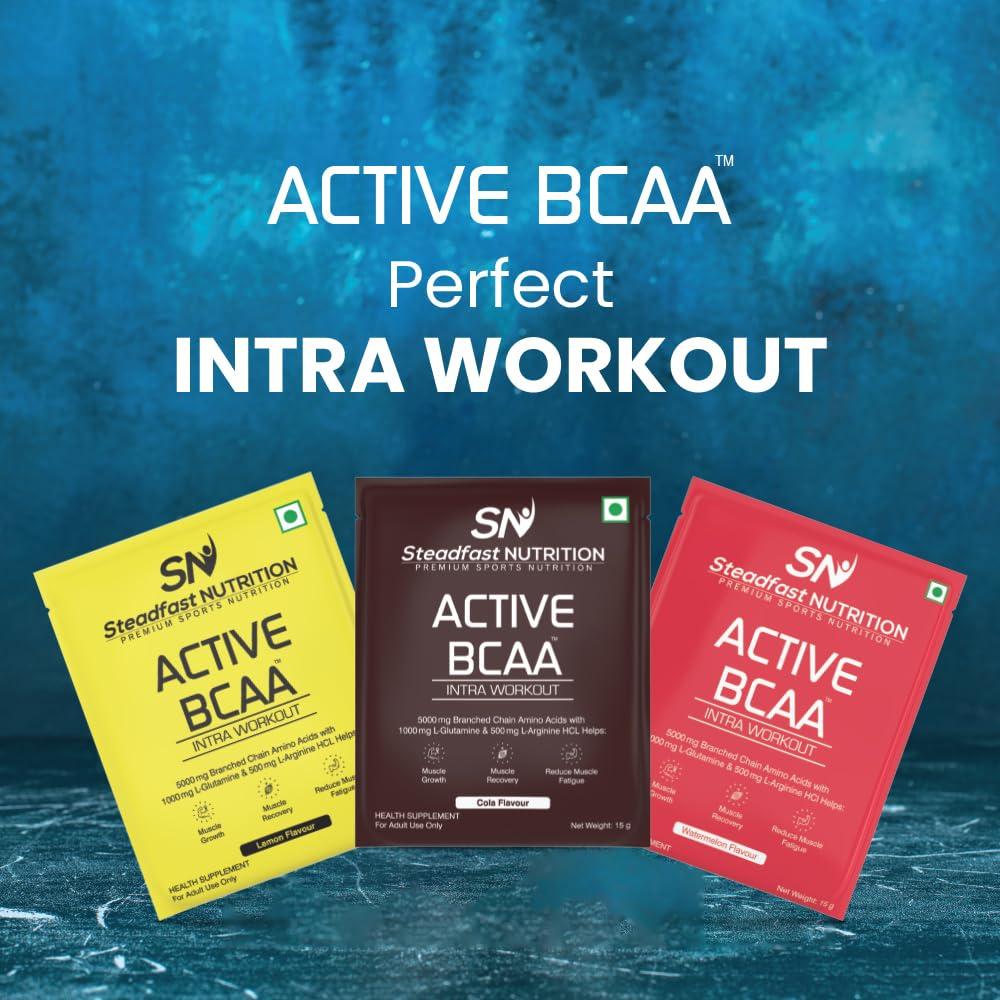 Steadfast Nutrition Steadfast Nutrition Active BCAA | Pre Workout BCAA Supplement in 2:1:1 Ratio | Muscle Recovery & Endurance, Intra workout | BCAA with L-Glutamine & L-Arginine | Watermelon Flavour (450g, 30 Sachets)