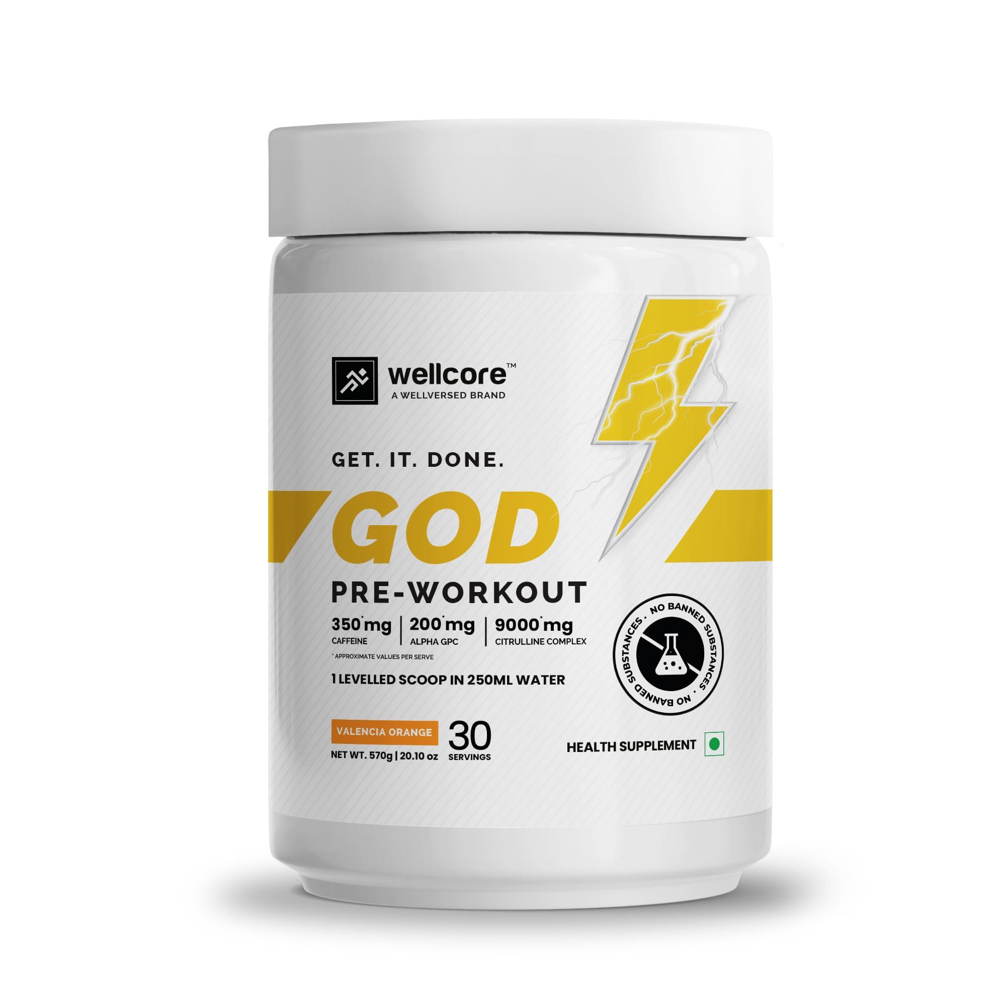 Wellcore Wellcore-God Mode Pre Workout Supplement Powder(570Grams, 30 Servings) Not For Beginners & Intermediate Lifters Valencia Orange High Stim Pre Workout With Nootropics & Creatine