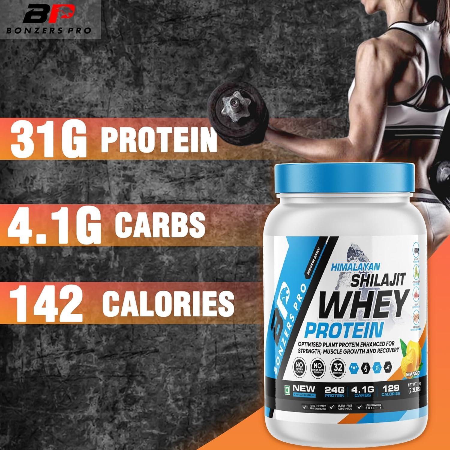 BONZERS PRO Bonzers Pro Himalayan Shilajit Whey Protein - 1 Kg (2.2 lbs) | 24g Protein, 5.5g BCAA, Ashwagandha, Safed Musli, Kesar for Muscle Growth | Mango Flavor
