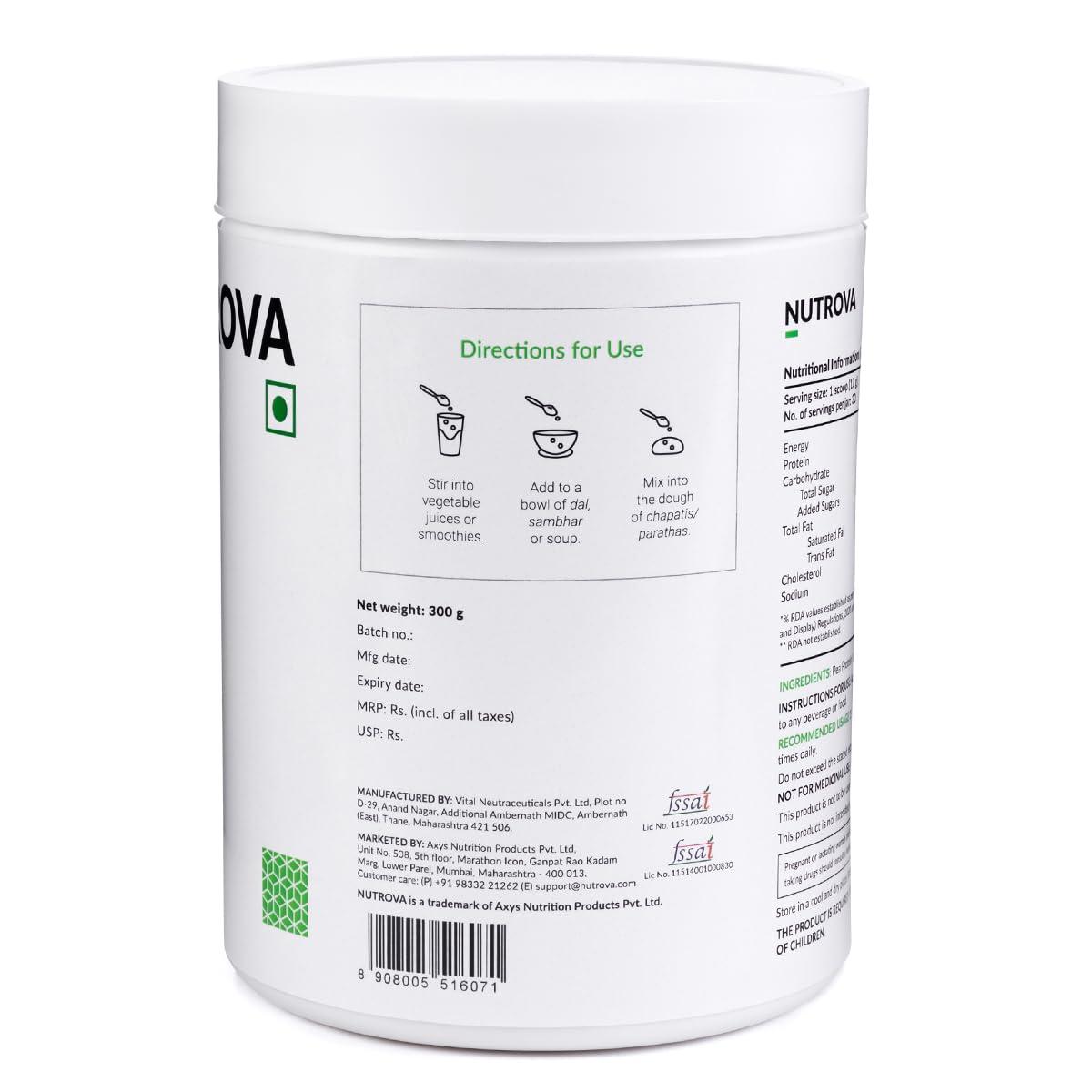 NUTROVA NUTROVA Pea Protein Powder, Vegan Protein Isolate - No Added Sugar, Artificial Sweeteners or Flavours, Vegan & Gluten-free - Easy to Mix (300gm) 80% protein content, 8g of protein in every 10g scoop