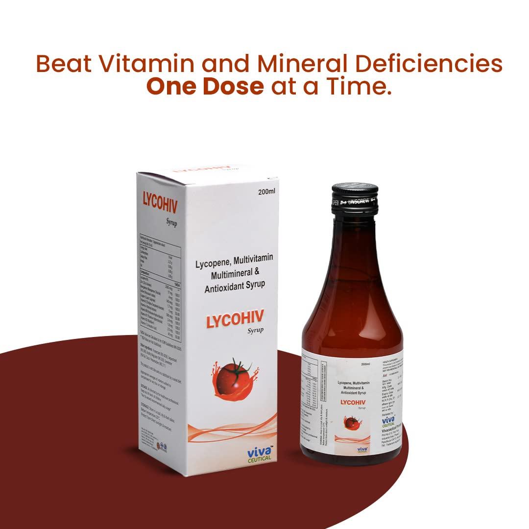 Vivaceutical Lycohiv Syrup - Lycopene, Multi-Vitamins, Multi-Minerals and Antioxidant Syrup | 200ml