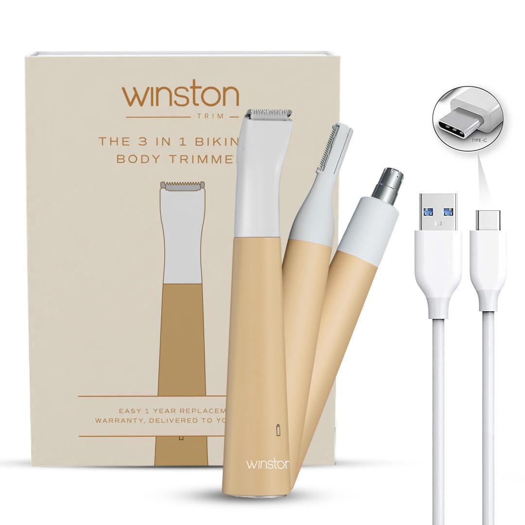 WINSTON Winston Rechargeable Electric 3-in-1 Full Body and Bikini Trimmer for Women - 90 Min, Safe for Sensitive Area, Multi-Grooming Eyebrow Trimmer, Body and Bikini Trimmer - 1-Year Warranty