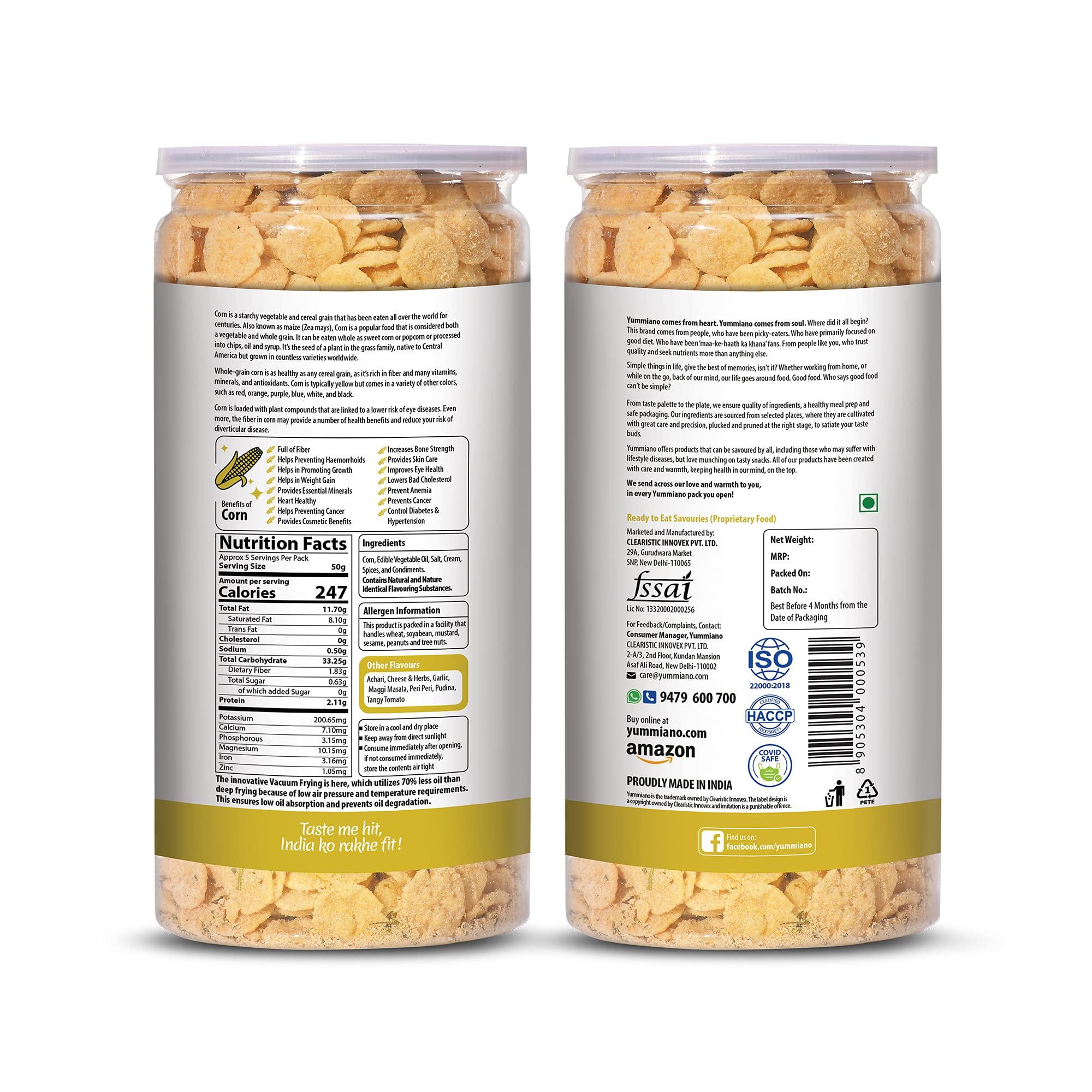 Yummiano Yummiano Corn Dots - Vacuum Cooked Corn Chips, Zero Cholesterol Healthy Snacking with High Nutrient Content, No Added Preservatives, Gluten Free - Pack of 2 (220g Each) (Flavour: Cream & Onion + Pudina)