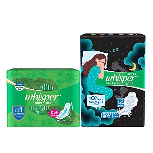 Whisper Whisper Ultra Clean Sanitary Pads For Women, X-Large +, Pack of 50 Napkins + Whisper Bindazzz Nights Sanitary Pads, XX-Large+, Pack of 16 Napkins