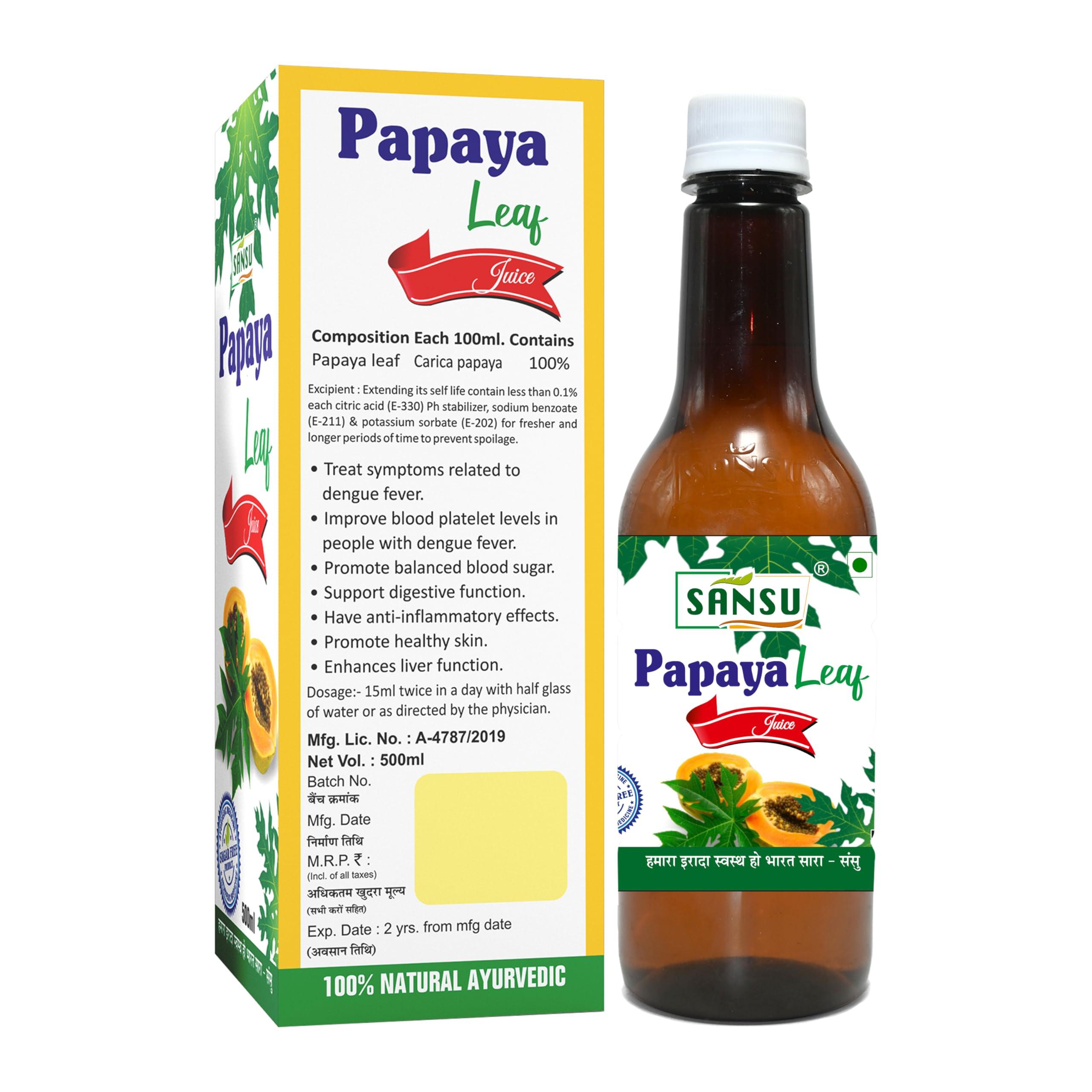 SANSU Sansu Papaya Leaf Juice (Sugar Free), Ayurvedic, 100% Pure & Natural, 500ml.