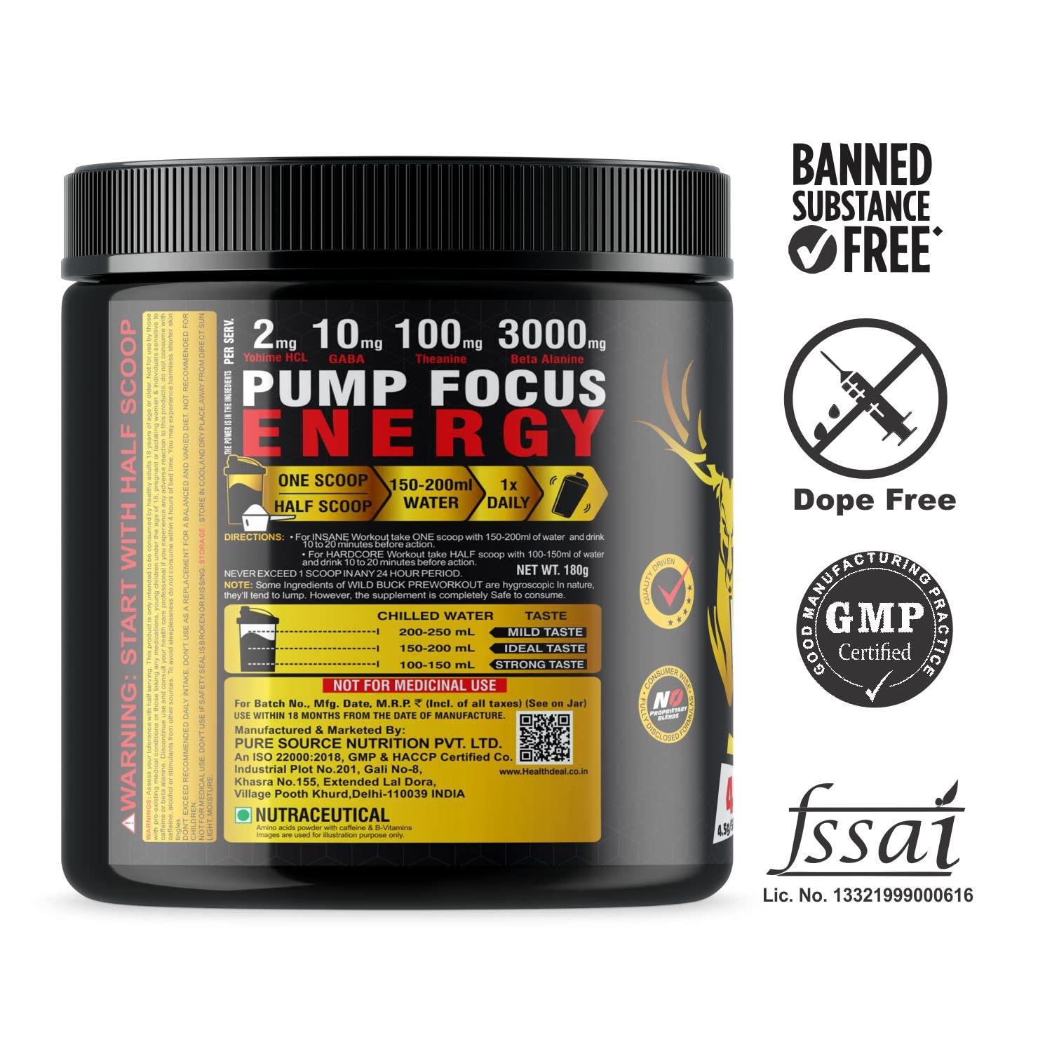 WILD BUCK WILD BUCK Ultra Focus Advanced Pre Workout with L-Arginine, L-Citrulline, Creatine, AAKG, Beta Alanine, Theanine & Natural Caffeine for Explosive Muscle Pump, Lean Muscles Building, Strength, Focus & Energy - For Men & Women [40 Servings, Lychee Deli