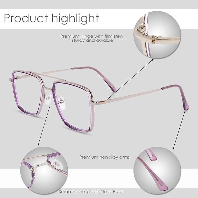 Dervin Dervin Blue Light Blocking Blue Cut Zero Power anti-glare Retro Square Eyeglasses, Frame for Eye Protection from UV by Computer/Tablet/Mobile/Laptop (Purple)