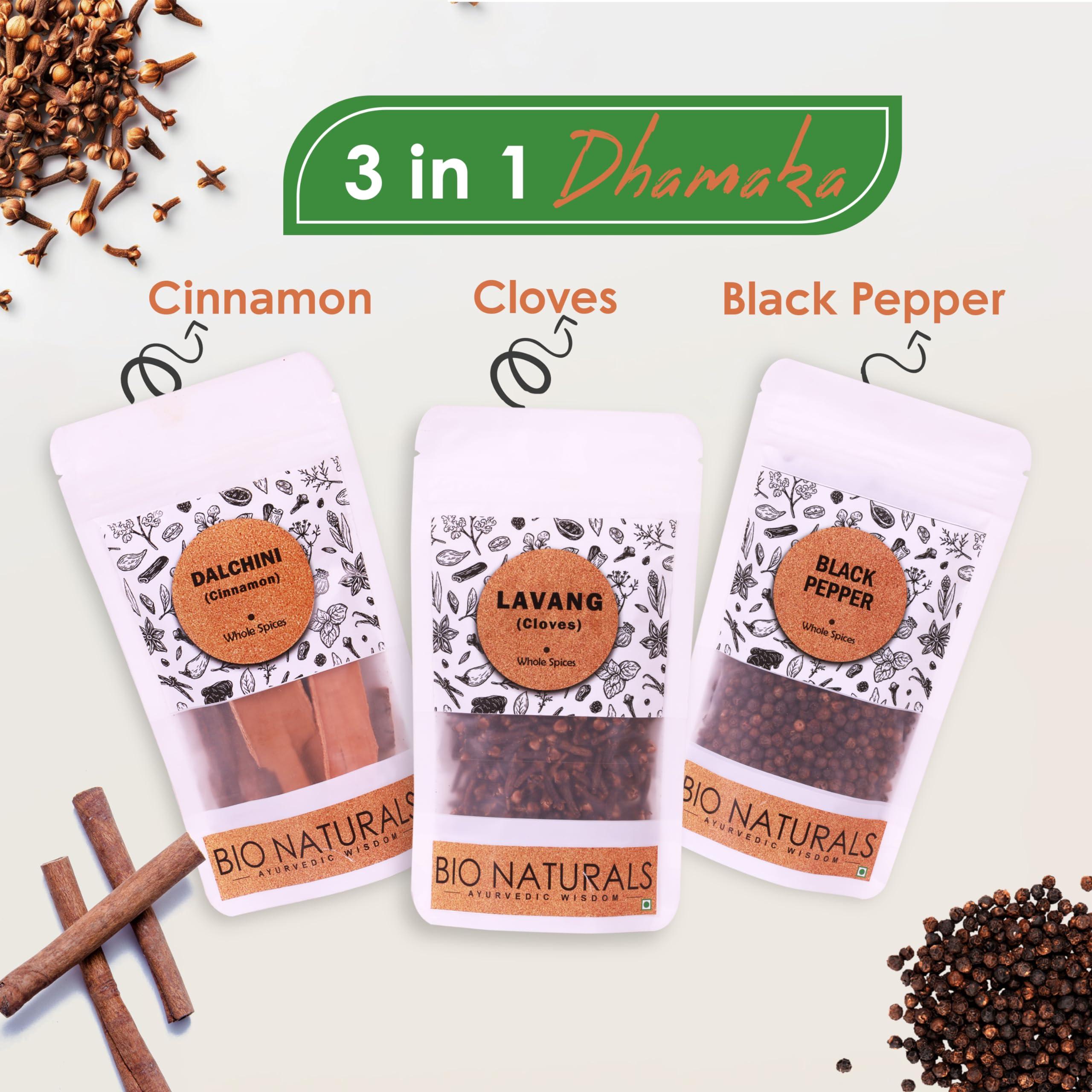 BIONATURALS Bio Naturals Exotic Combo, Cinnamon, Cloves, and Black Pepper, 100% Natural Whole Spices, No Preservatives 100gm each