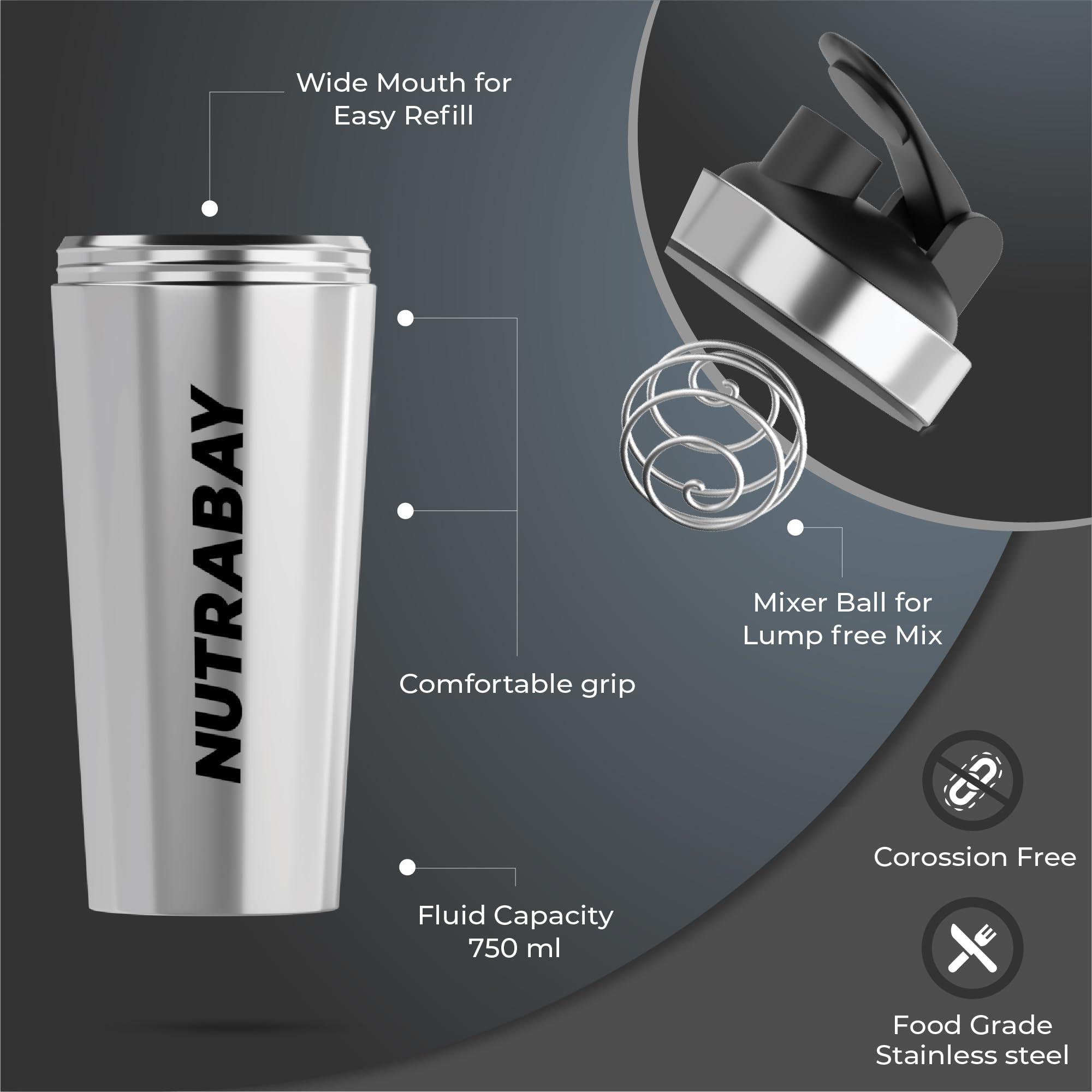 Nutrabay Nutrabay Silver Steel Shaker Bottle 750ml, Ideal for Protein Shake, 100% Leakproof, Food Grade, Sipper Gym Shaker Bottle - 750ml (Silver, Steel)
