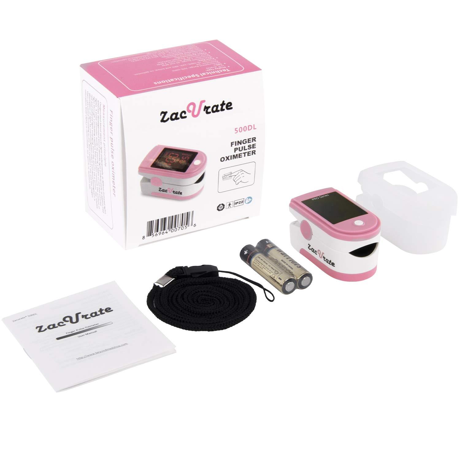 Zacurate Zacurate Pro Series 500DL Fingertip Pulse Oximeter Blood Oxygen Saturation Monitor with silicon cover, batteries and lanyard (Blushing Pink)