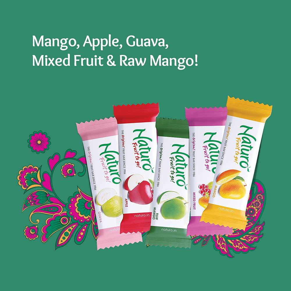 Naturo Naturo Assorted Fruit Bars Gift Box (Green) | Pack of 5 Gift Boxes (20 Fruit Bars per box) | Mango + Apple + Guava + Raw Mango + Mixed Fruit | No Preservatives, Artificial Colour or Flavours