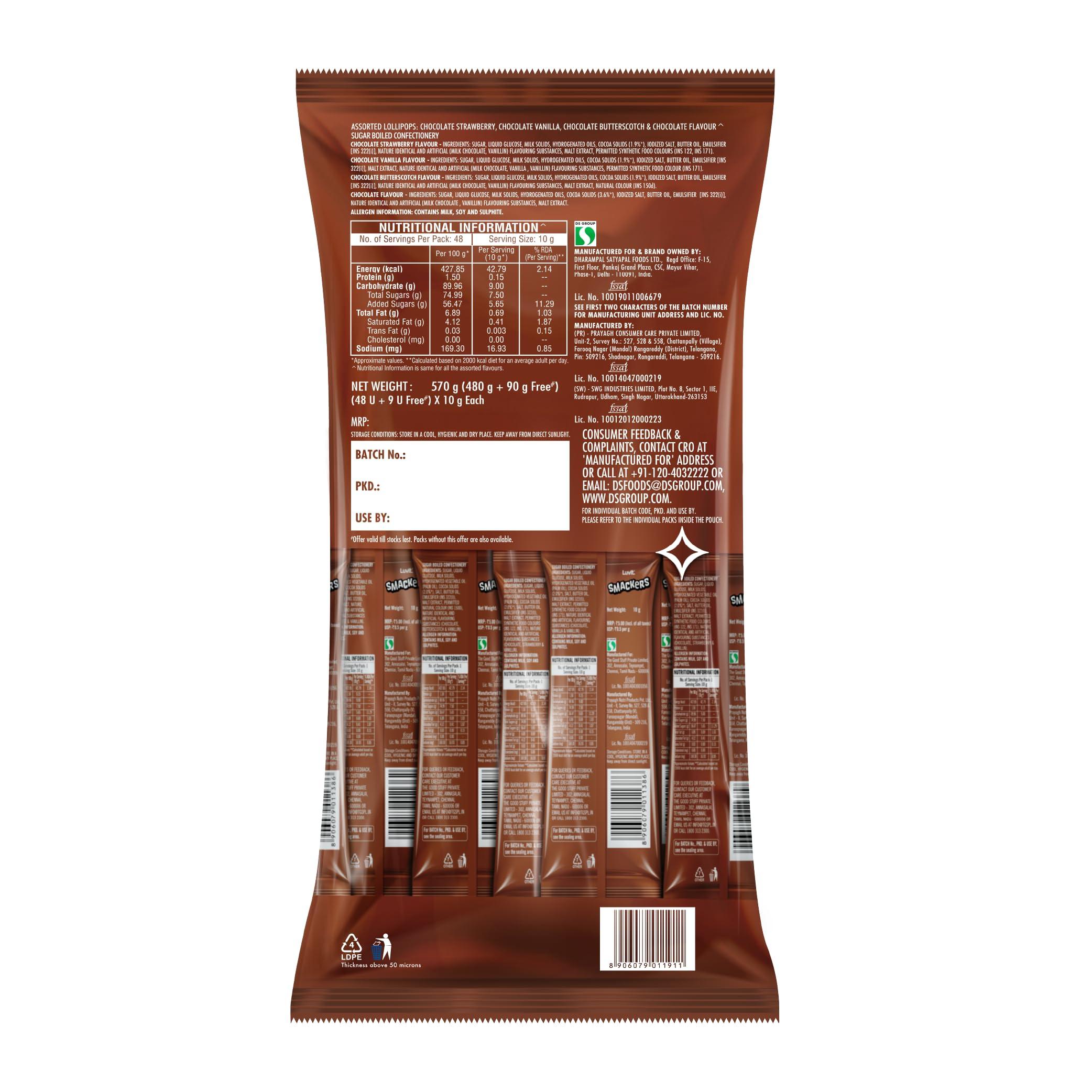 LuvIt. LuvIt Smackers Chocolate Flavoured Lollipops (Chocolate Butterscotch, Chocolate Vanilla, Chocolate Strawberry & Chocolate) | Pack of 1-480g Each