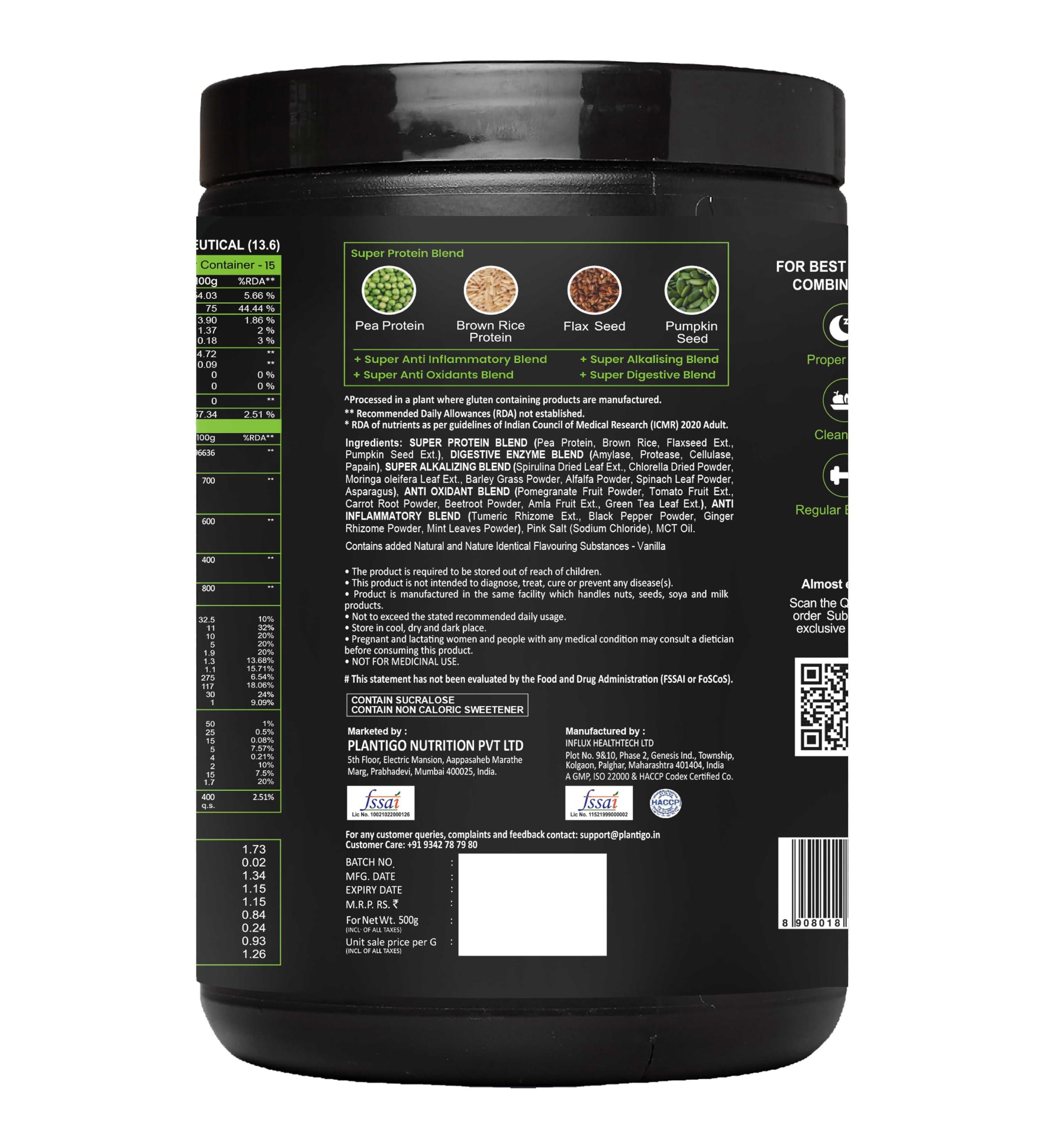 PLANTIGO Plantigo Protein Powder 24g Plant Based Protein, 3g BCAA, 2g Leucine, 3g Fiber, 4x Fast Digestion, 95% Bioavailability, 3x Anti Oxidants, Anti Inflammatory, Vitamins, Minerals - Vanilla Flavored 500g