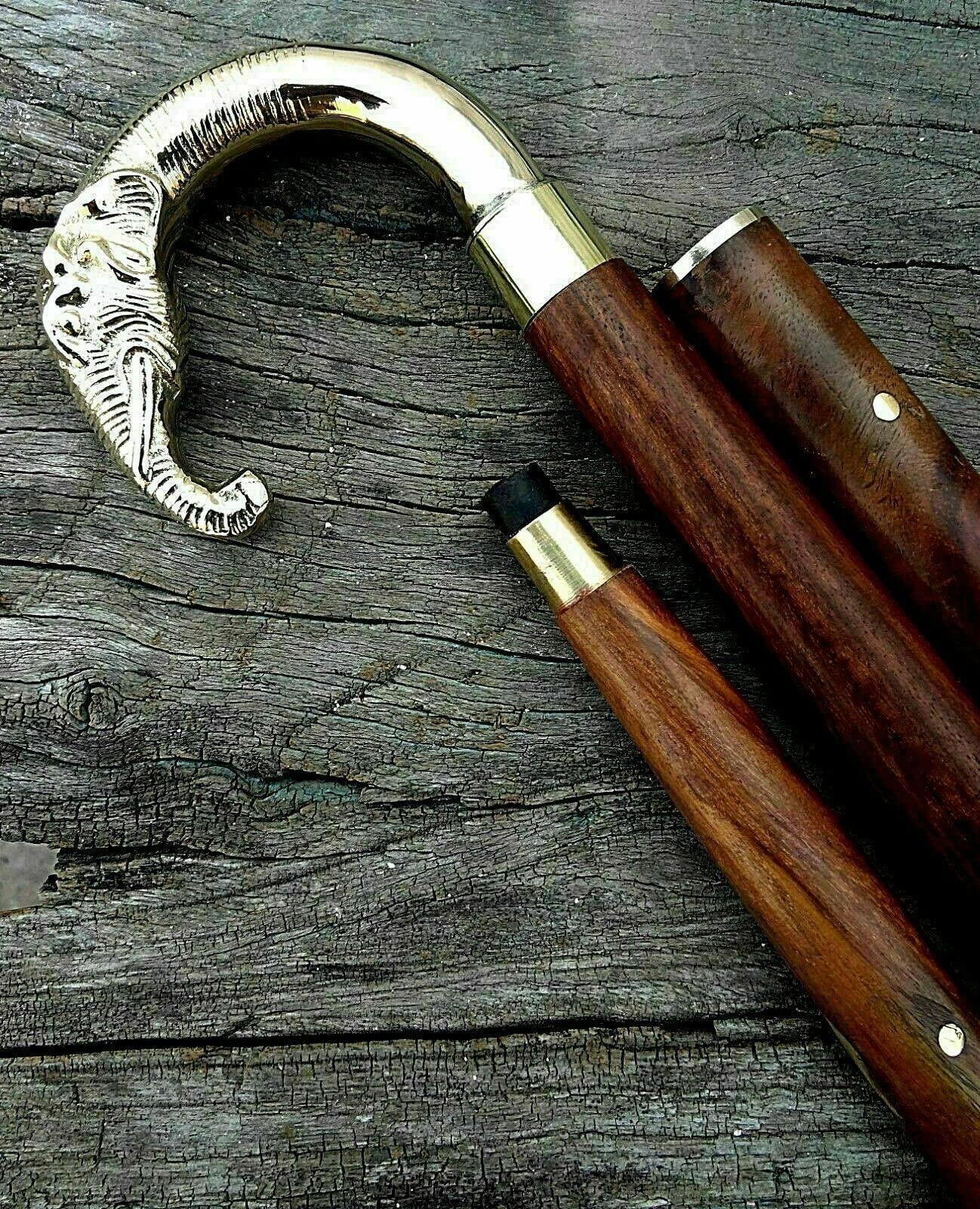 NavaFresh Basics Vintage Solid Brass Elephant Head Handle Antique Style Wooden Walking Stick Cane