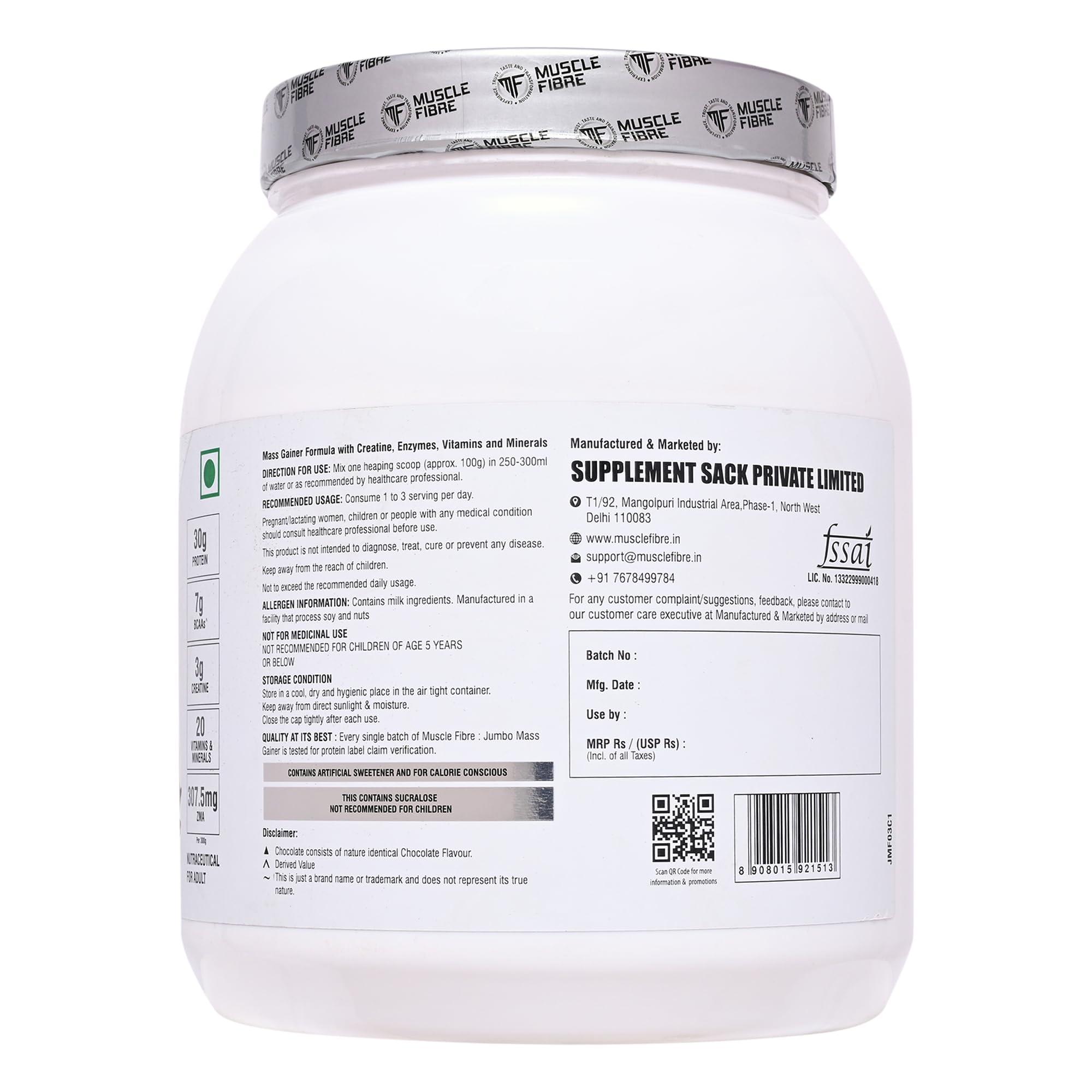 MF MUSCLE FIBRE Muscle Fibre Jumbo Mass Gainer | 1 Kg | Healthy Body Gains | Reduces Muscle Breakdown | Increases Energy & Endurance | 30g Protein | 205g Carbs | 1057 Cal | Kesar Pista