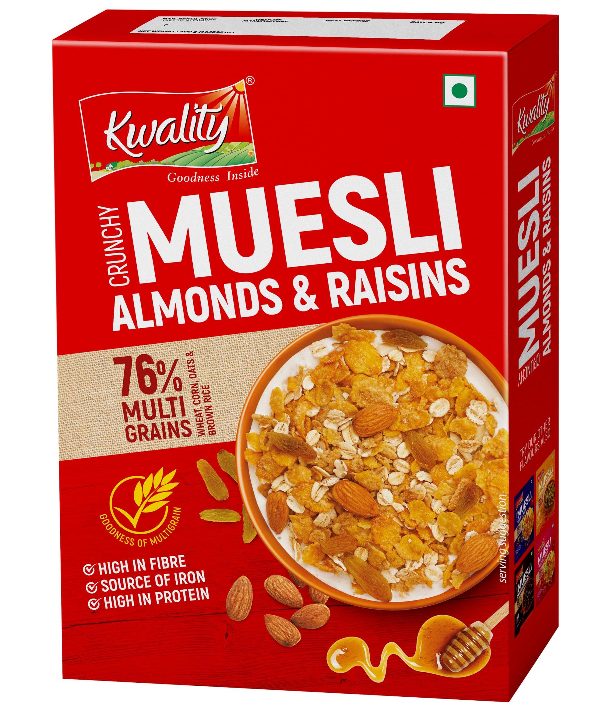 KWALITY Kwality Crunchy Muesli, Almonds Raisins and Honey -Goodness of Multigrain, High in Fibre, Source of Vitamin, Iron and Protein 400G 3 [Pack 3]