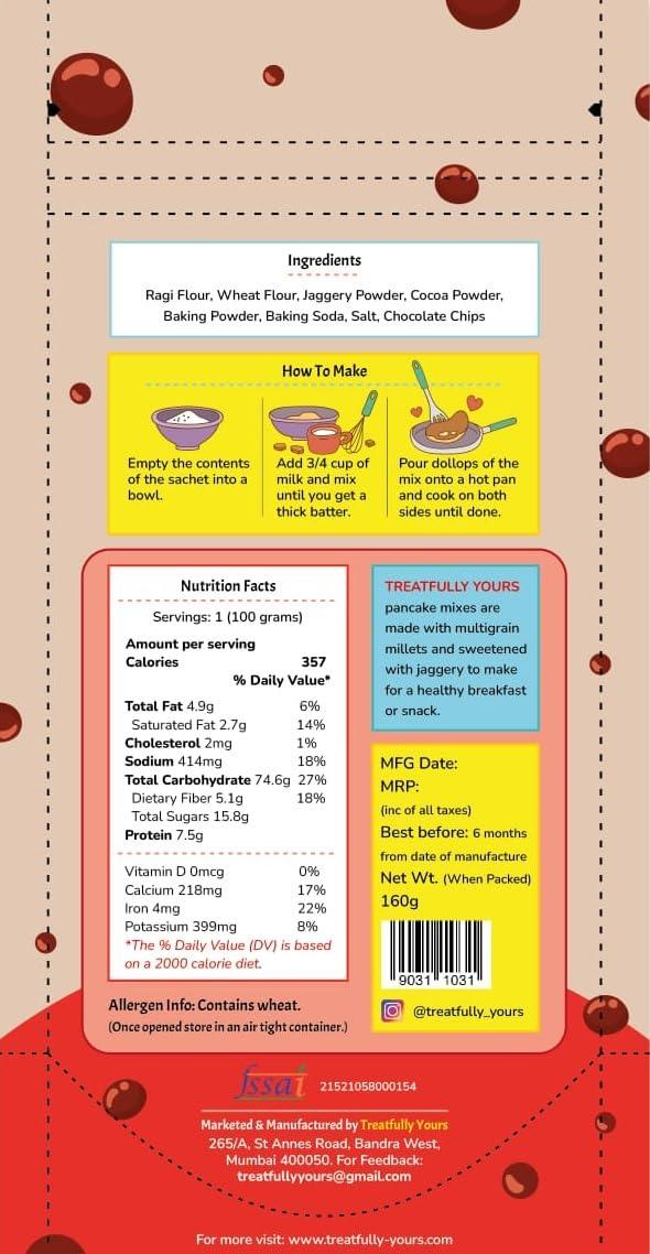 Treatfully Yours Treatfully Yours Chocolate Chips Pancakes Mix|Sweetened With Jaggery|No Maida|No Refined Sugar| Makes 8 Pancakes (Pack of 1, 160gm)