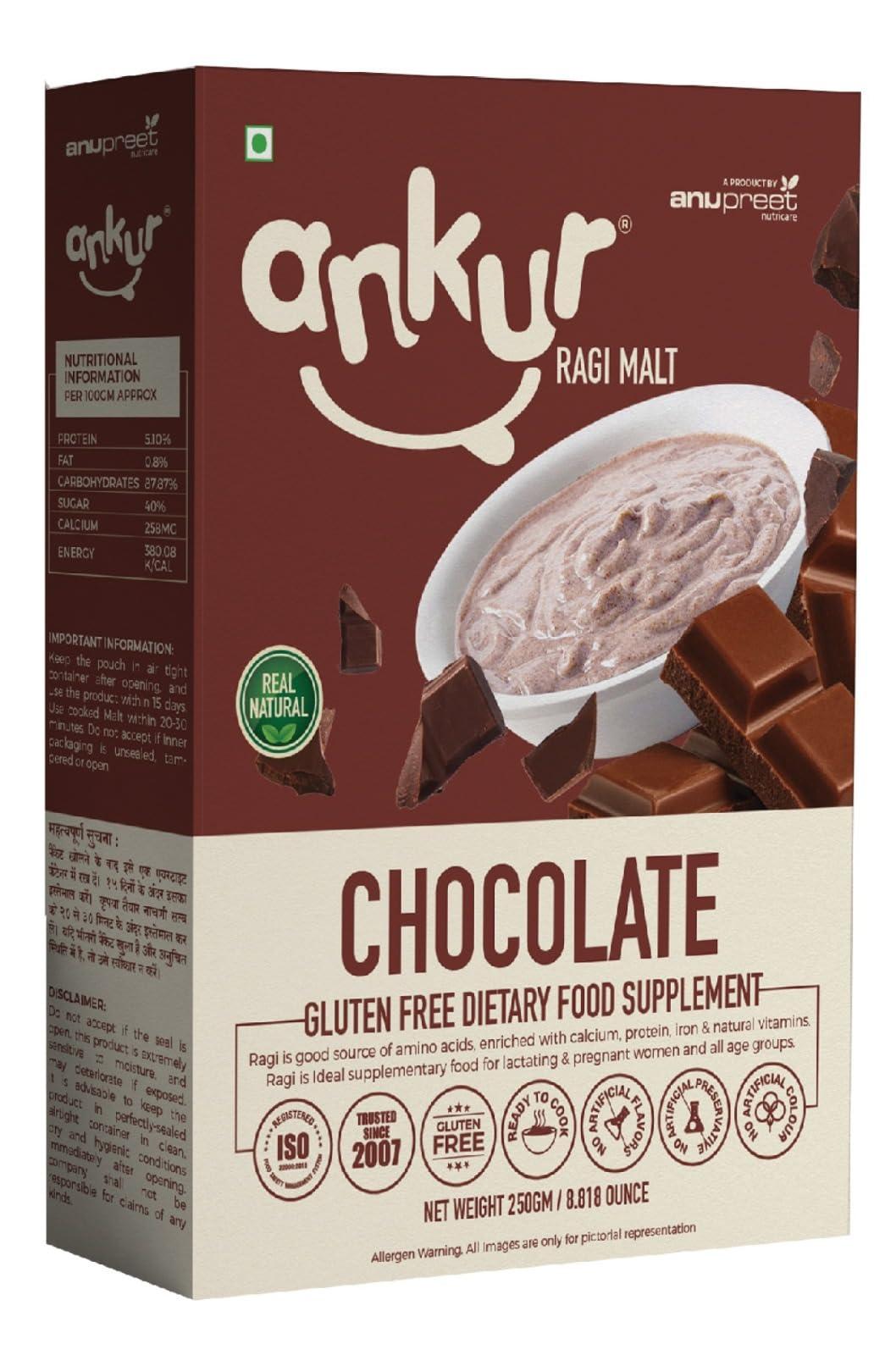 Ankur Ankur Chocolate Ragi Malt with Sugar | Gluten Free| 250 Gm