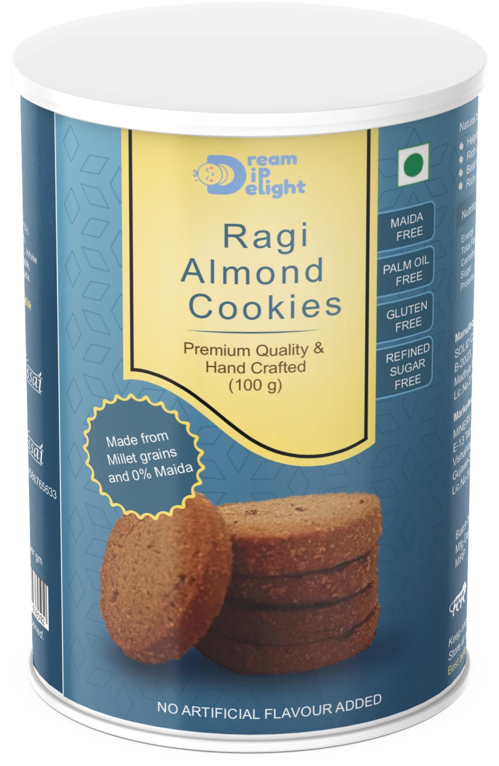DREAM DIP DELIGHT Dream Dip Delight Ragi Almond Cookies | Tasty & Healthy Cookies For Childrens | Jaggery Cookies with no Maida | Digistive Cookies with No Artificial Preservatives & Flavours | Gluten-Free | 150gm