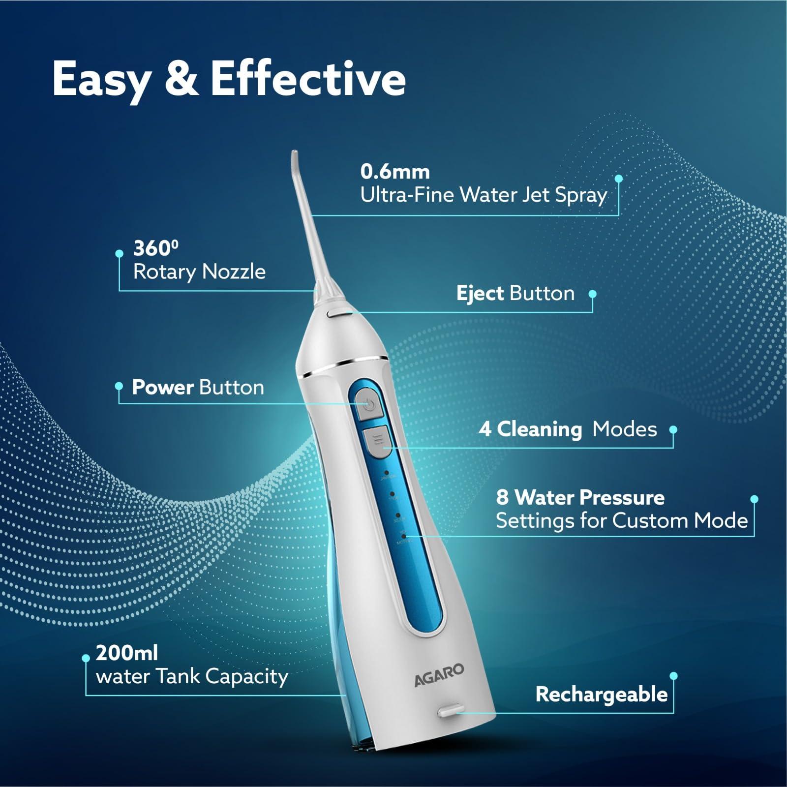 AGARO AGARO Ultra Plus Portable Dental Flosser for teeth, 5 Nozzles, Portable,Cordless & Rechargeable,4 Cleaning Modes,IPX7 Waterproof with 200ml Watertank, Flossing at Home & Travel,Oral Flosser,Oral Irrigator