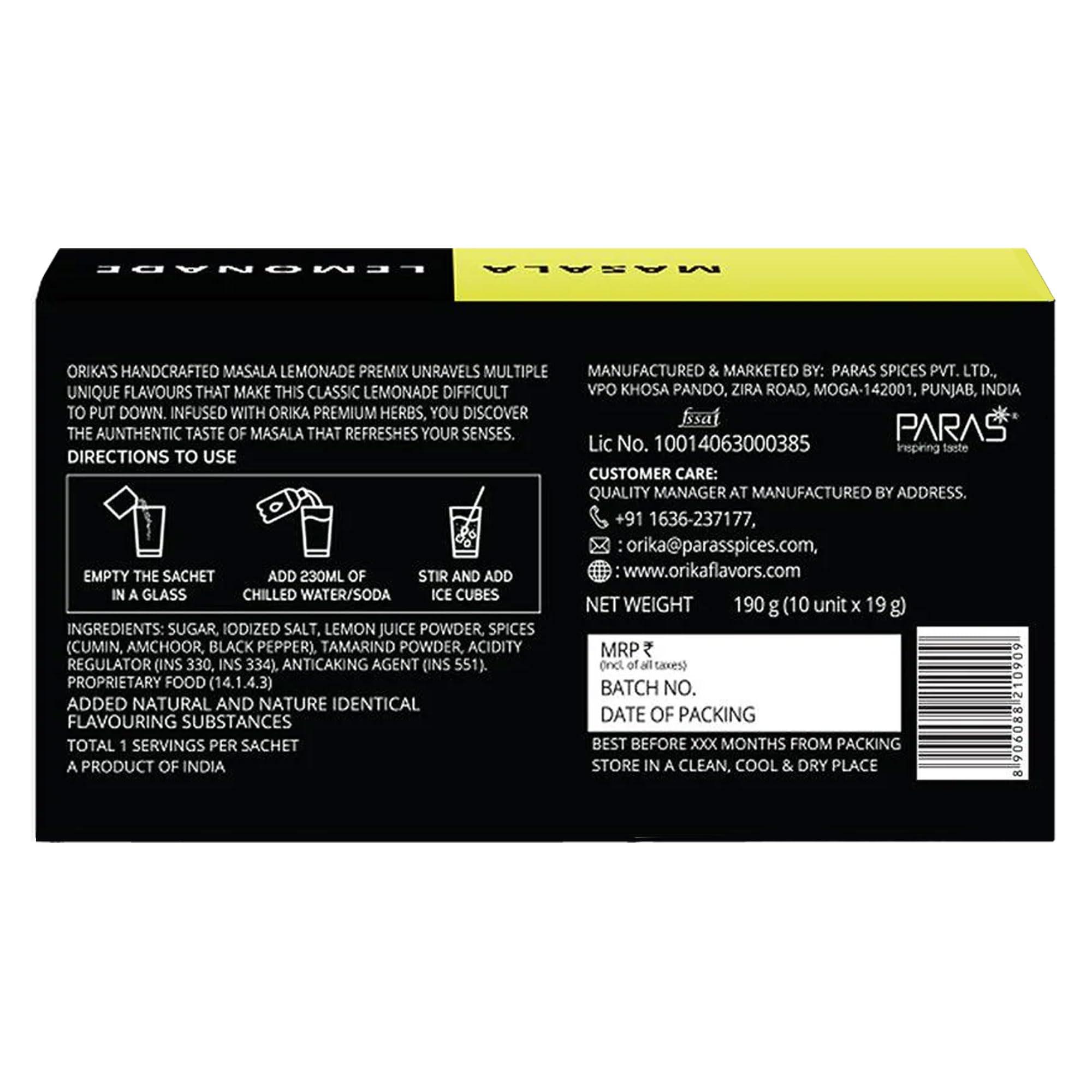 Orika Orika Masala Lemonade Premix | 380g (20 Sachets) | Infused With Premium Herbs | Handcrafted Instant Drink Premix | Refreshing Summer Drink