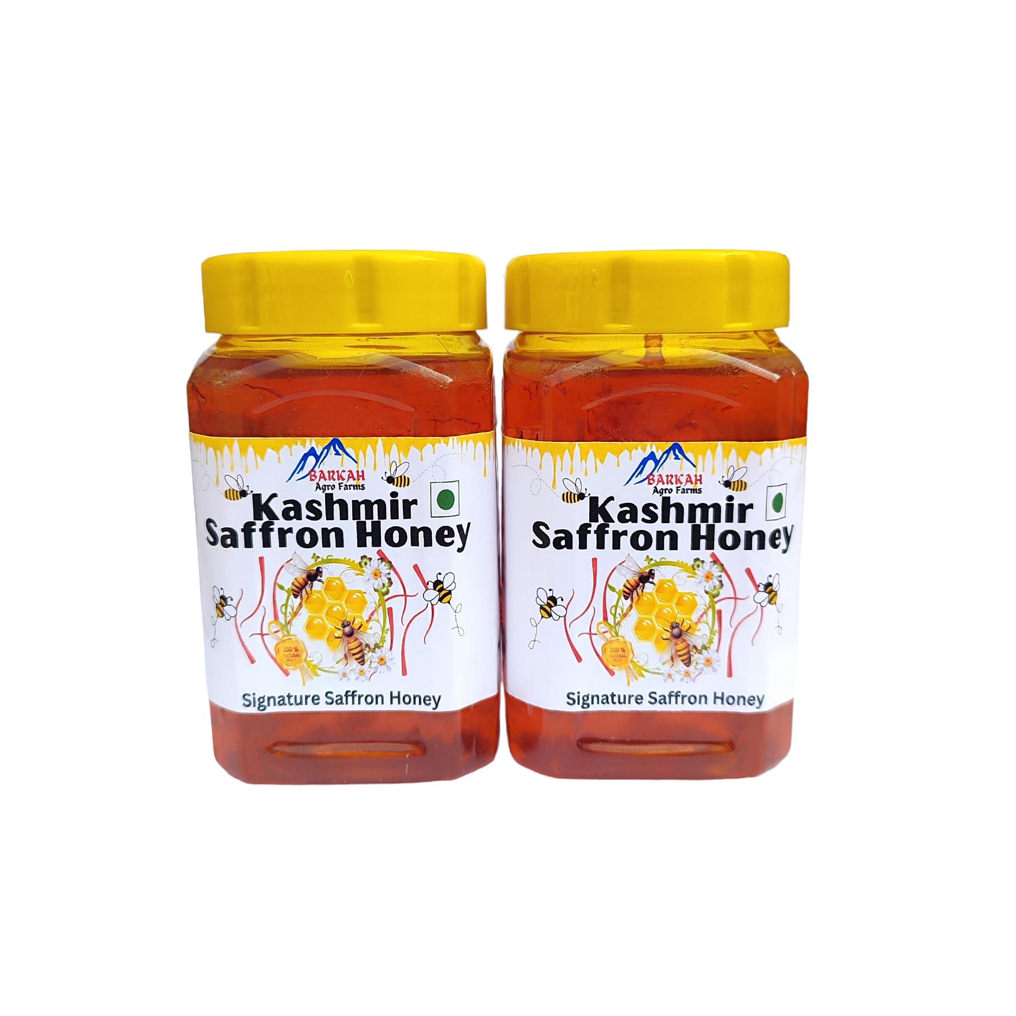 Barkah Saffron Kashmiri Honey - Kashmiri Kesar Honey 1 Kg - Kashmiri Saffron Honey - Kashmiri Kesar Honey - Honey from Kashmir (500gx2) - Natural Kashmiri Saffron Honey 1 Kg