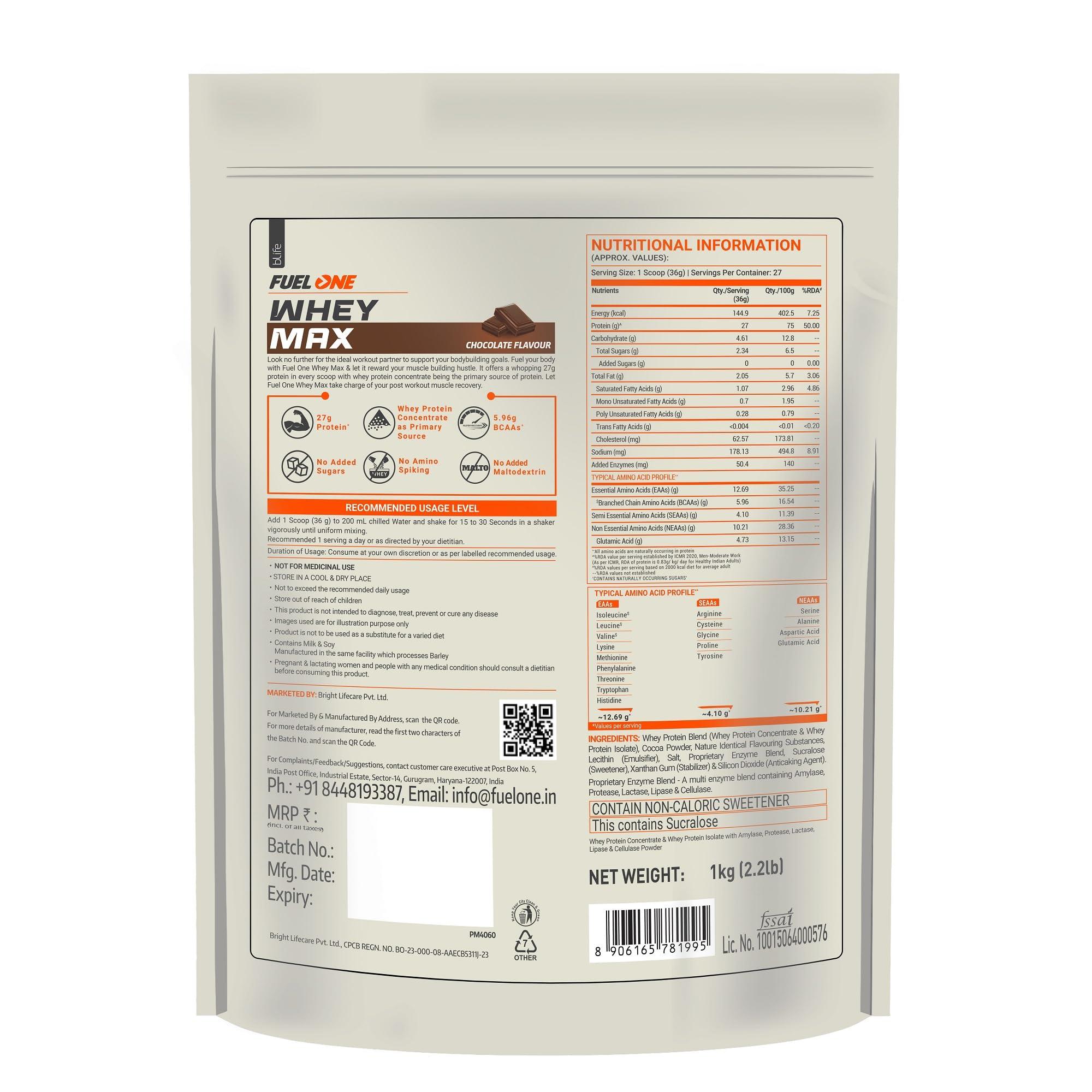 FUELONE FUELONE Whey Max (Chocolate, 1kg / 2.2lbs) | Whey Protein Concentrate & Whey Protein Isolate | 27g Protein