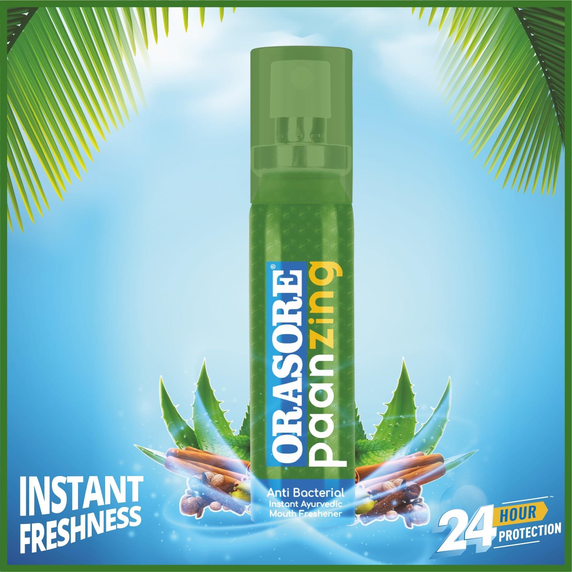 ORASORE PaanZing Instant Mouth Freshener Spray by Orasore | Paan, Aloe Vera, Pudina, Peppermint, Cinnamon, Clove & Elaichi | Anti Bacterial & Long Lasting, Germ-free Blend (Pack of 10)
