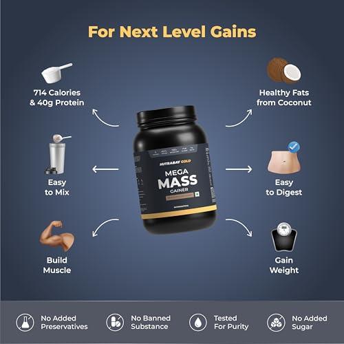 Nutrabay Nutrabay Gold Mega Mass Gainer Powder - 1kg, Rich Chocolate Creme | 100% Veg | 40.7g Protein, 122g Carbs, 714 Calories | Muscle Building & Weight Gainer Supplement for Men & Women
