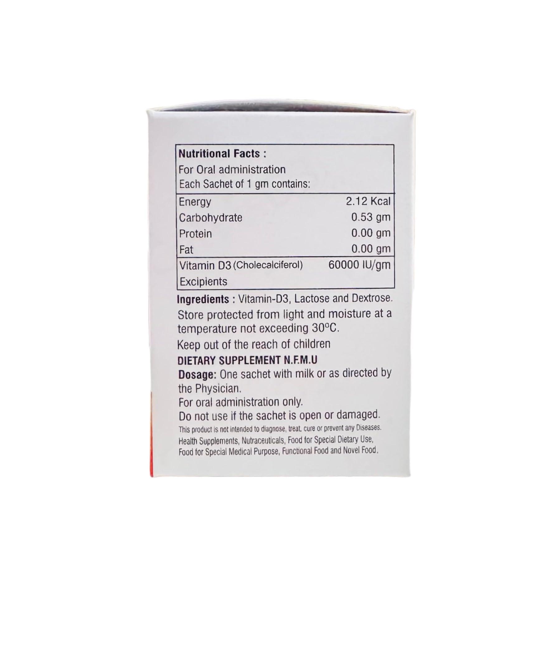 Generic Reticals Vitamin D3 Sachet for Strong Bones, Muscles, Immune System, Cholecalciferol Vitamin D3 Powder Supplement, Pack of 20 Sachet